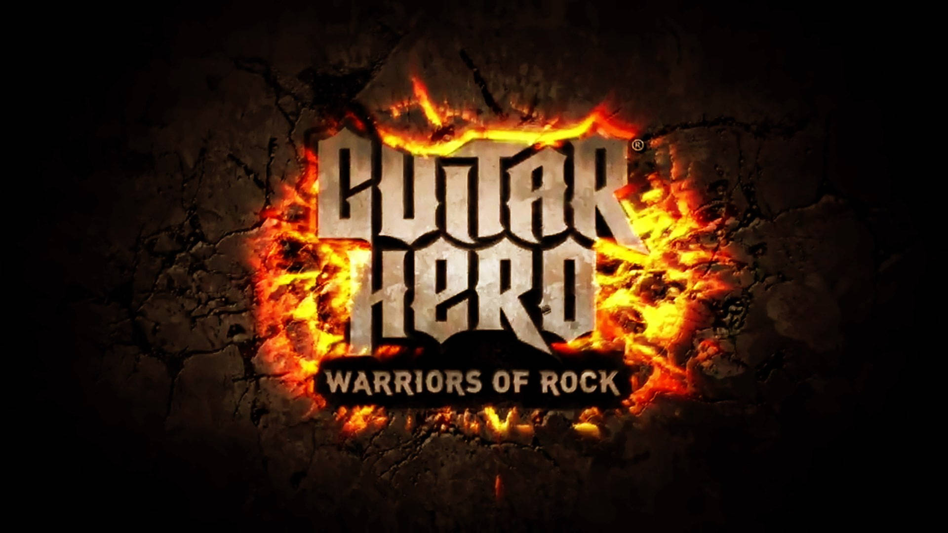 Guitar Hero Warriors of Rock 標誌在破裂的石頭背景上被火焰包圍。
