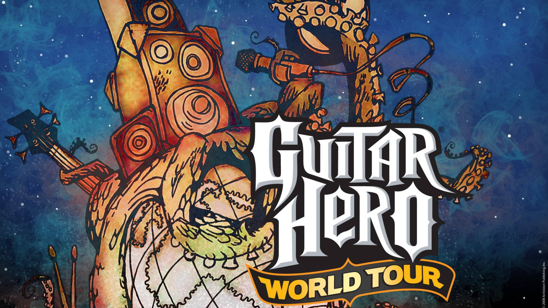 Guitar Hero World Tour 遊戲吉祥物，帶有機械手臂，背景為星空藍色。