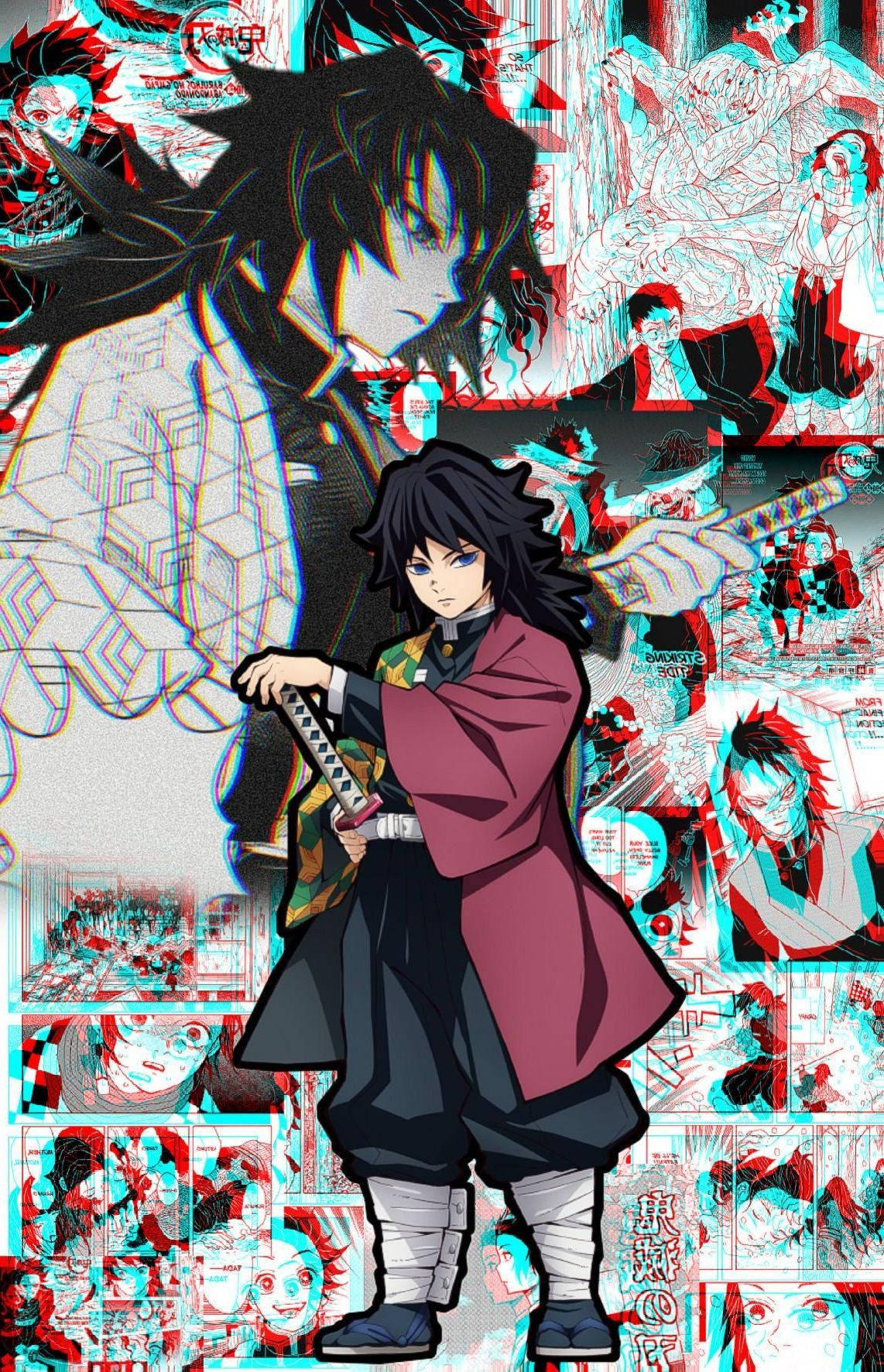 被故障漫畫面板包圍的持劍動漫戰士。 — 富岡義勇 GIF 壁紙