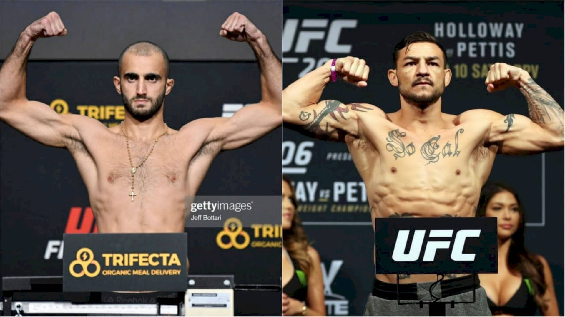 兩名赤裸上身的男性UFC拳手在稱重活動中彎曲手臂。