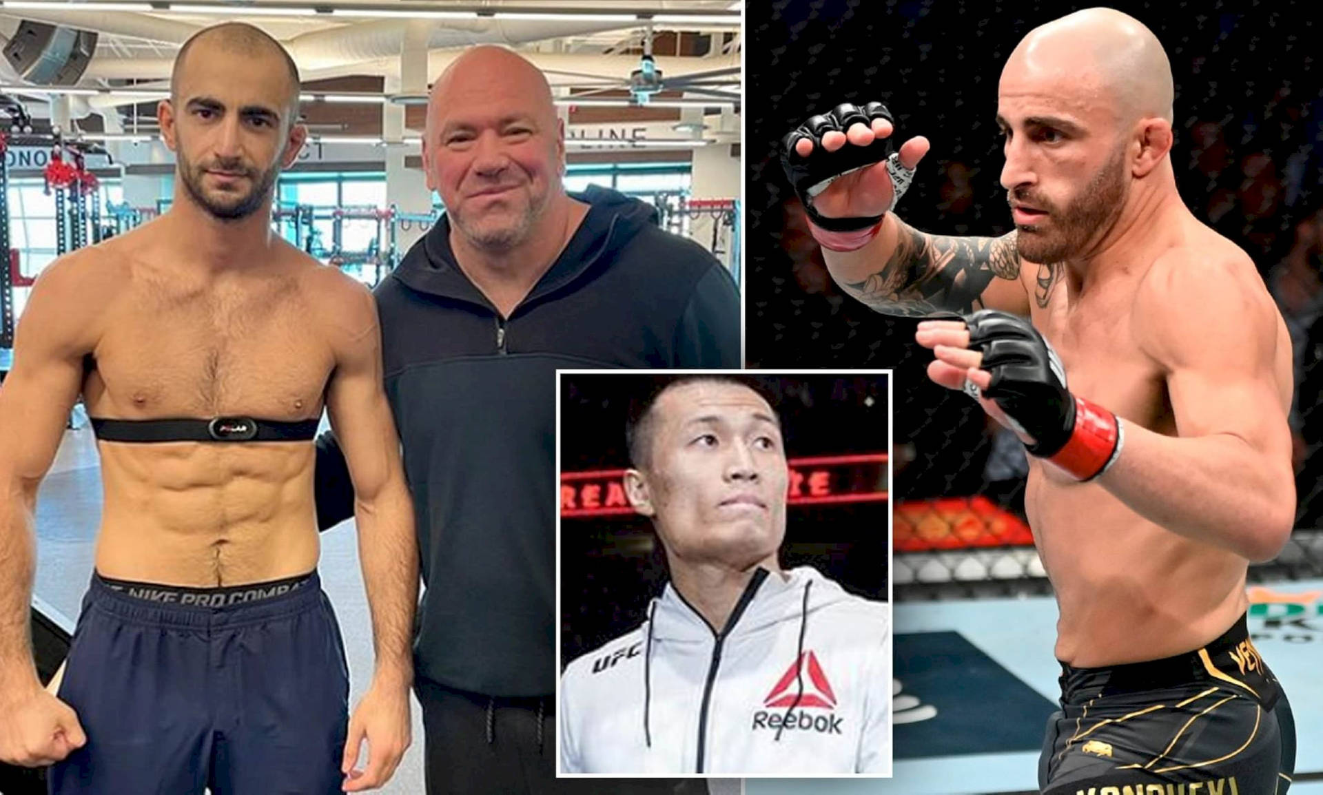 三名男子，包括MMA戰士和一名教練，在健身房和八角形環境中。