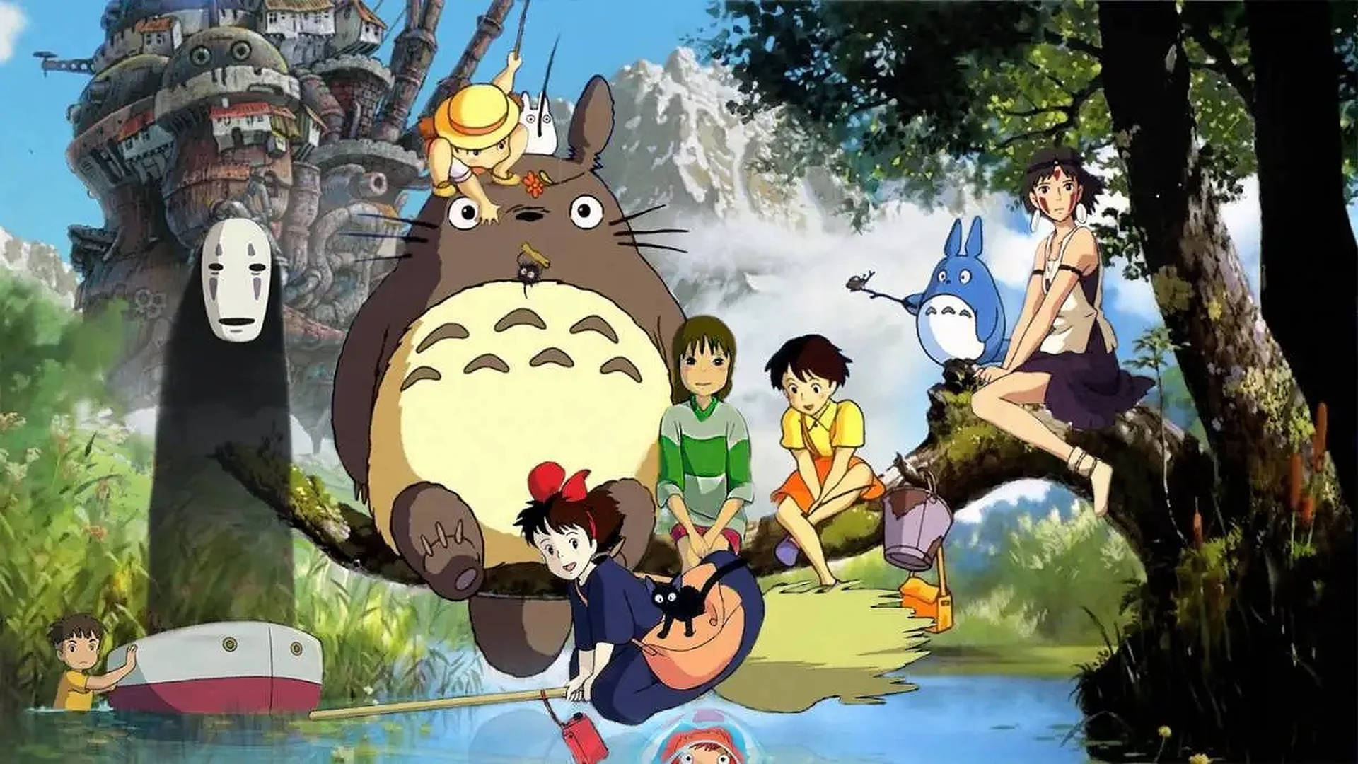 孩子們和龍貓在一個有河流和樹屋的魔法森林中。