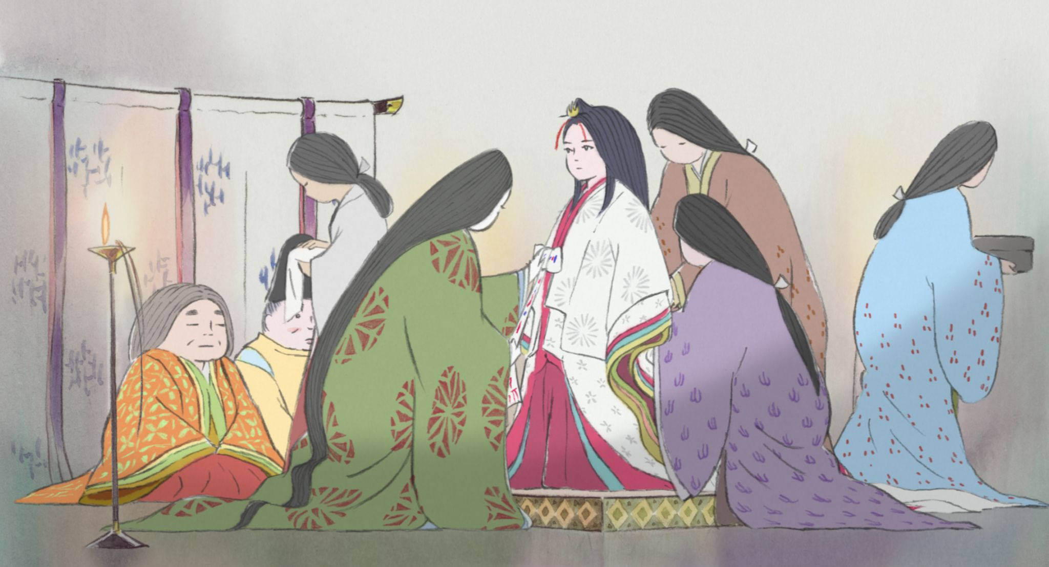 吉卜力工作室桌面壁紙：日本女性 壁紙 — 一個寧靜的傳統日本場景，穿著和服的女性聚集在一個光線柔和的房間裡，圍繞著一個中心人物。
