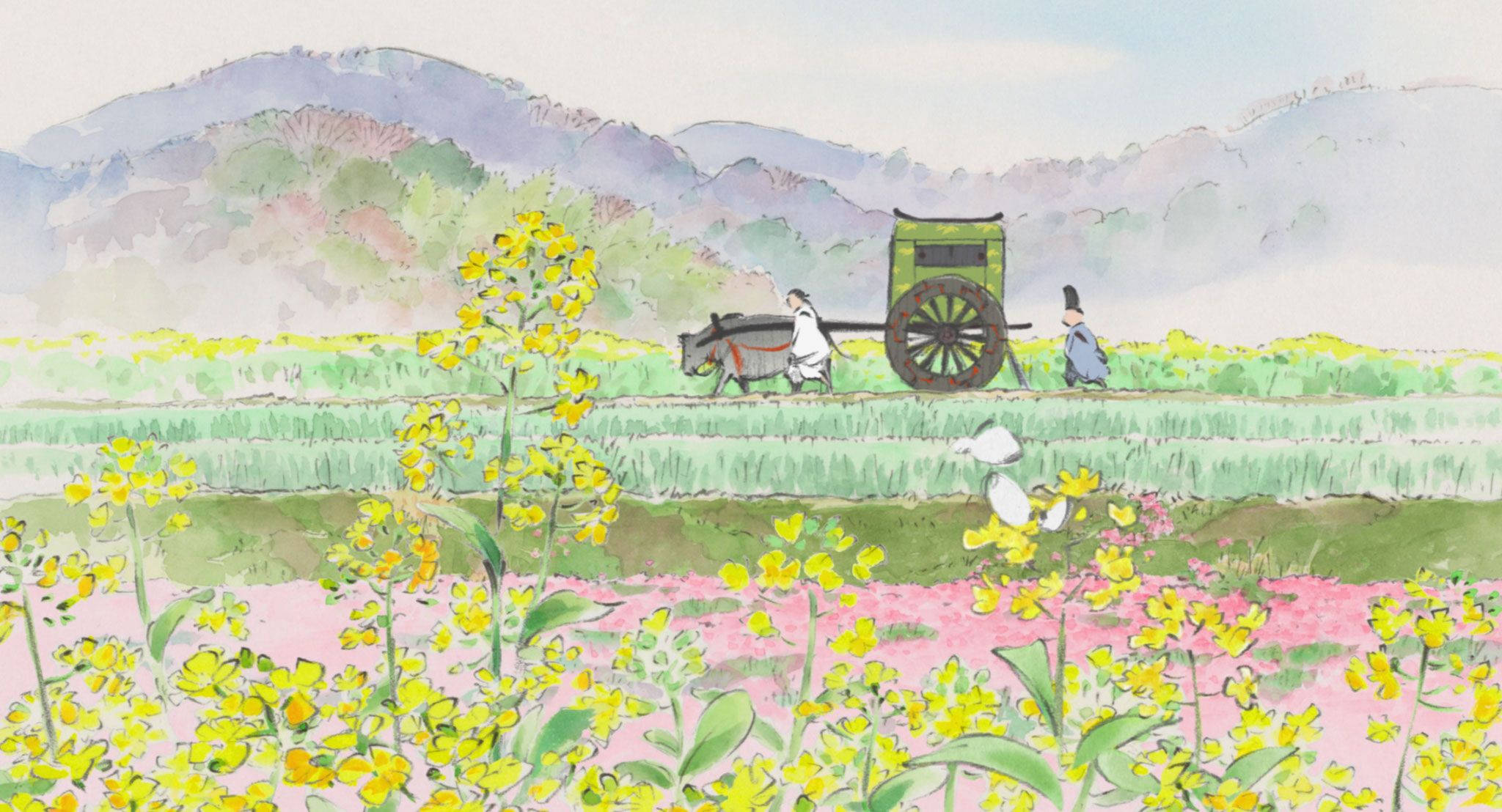 吉卜力工作室桌面壁紙：花田 壁紙 — 一幅水彩插圖，描繪兩個人影在馬車旁走過充滿活力的黃色和粉紅色花田，遠方有山巒。