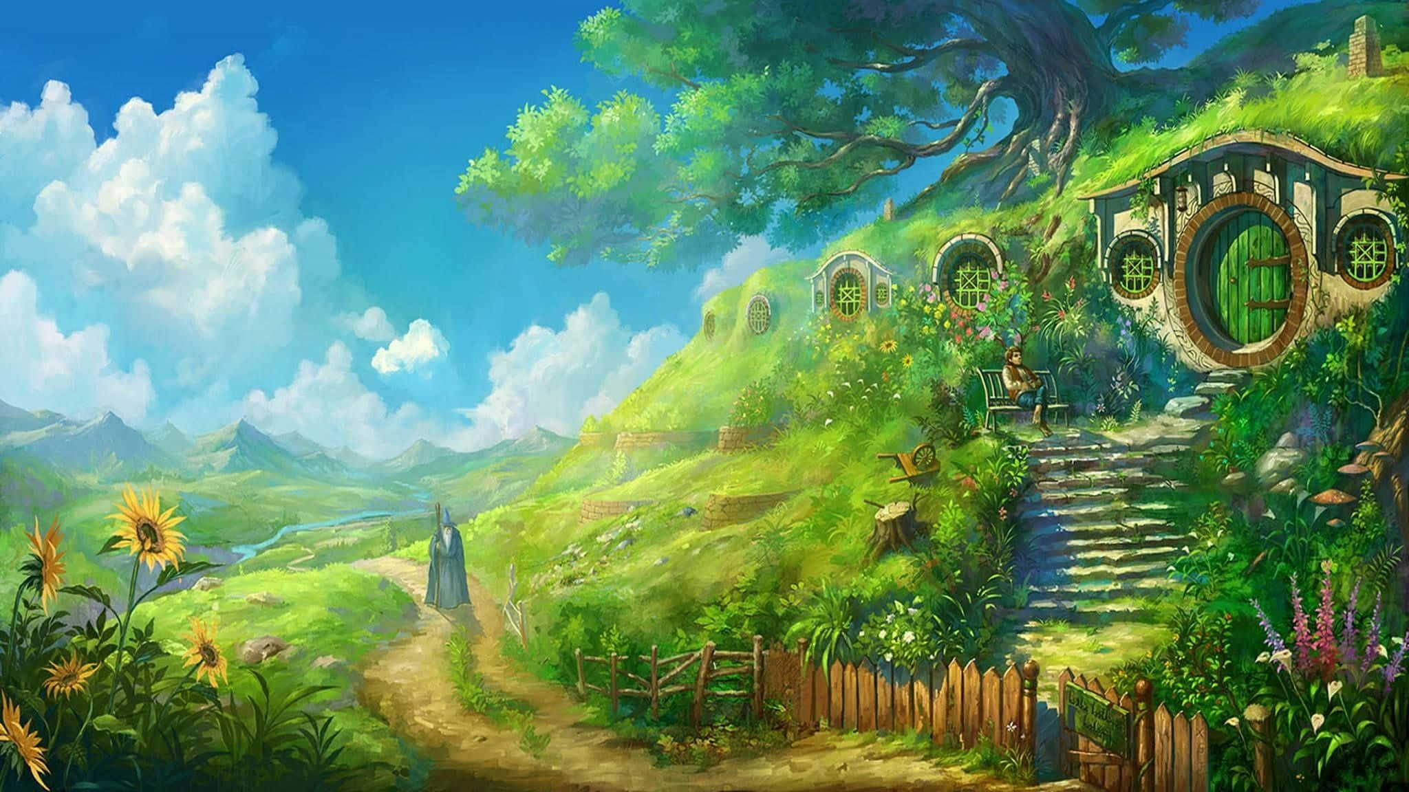 吉卜力工作室的迷人藝術作品 壁紙 — 一間奇幻的哈比人小屋，坐落在鬱鬱蔥蔥的綠色山坡上，上方是明亮的藍天和蓬鬆的雲朵。