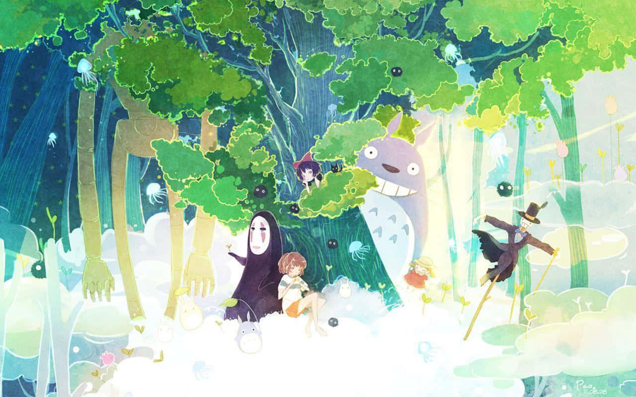 吉卜力的精神 壁紙 — 一個奇幻的森林場景，有巨大的龍貓、孩子們和魔法生物，在發光的綠樹下。