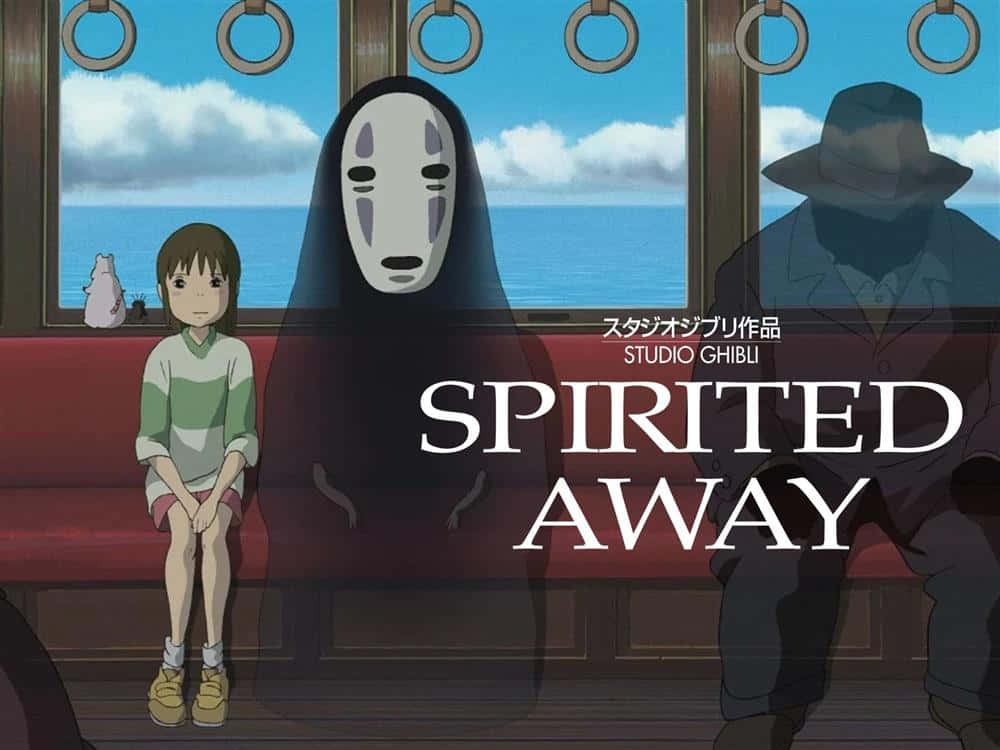 女孩同無臉男喺一列有海景同Studio Ghibli標題嘅火車上。