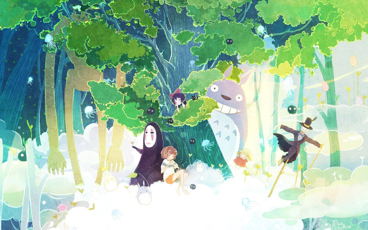 龍貓和朋友們在魔法森林中，有發光的樹木和柔和的雲朵。