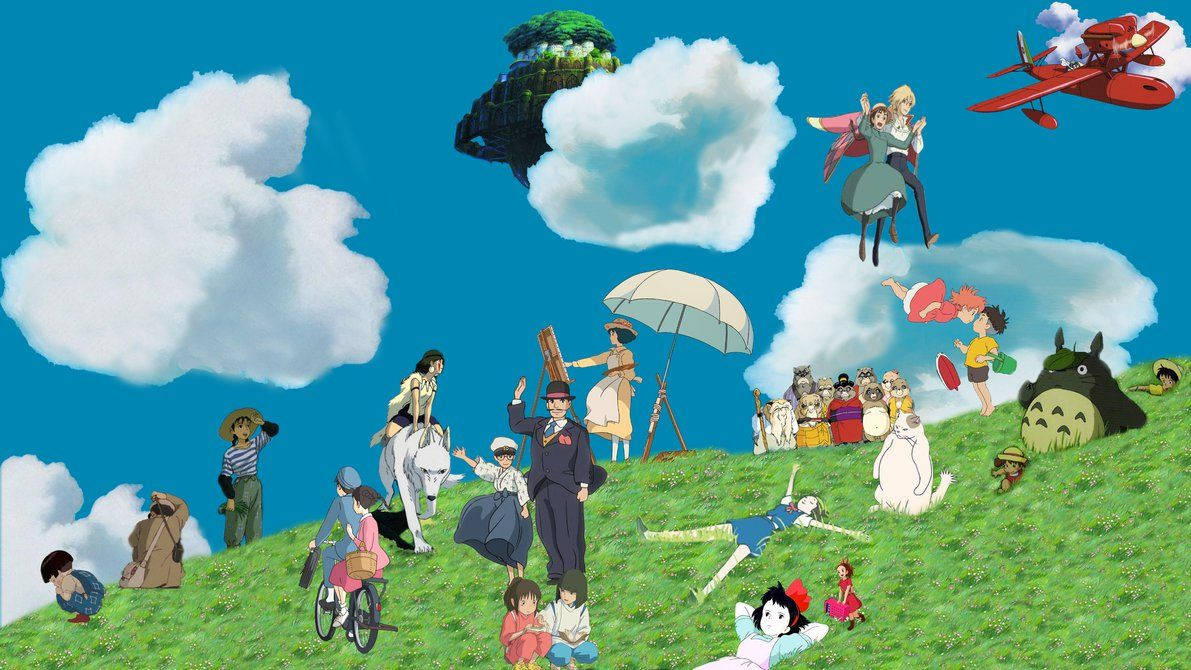 色彩繽紛的動畫場景，吉卜力角色在藍天白雲下的草地上。