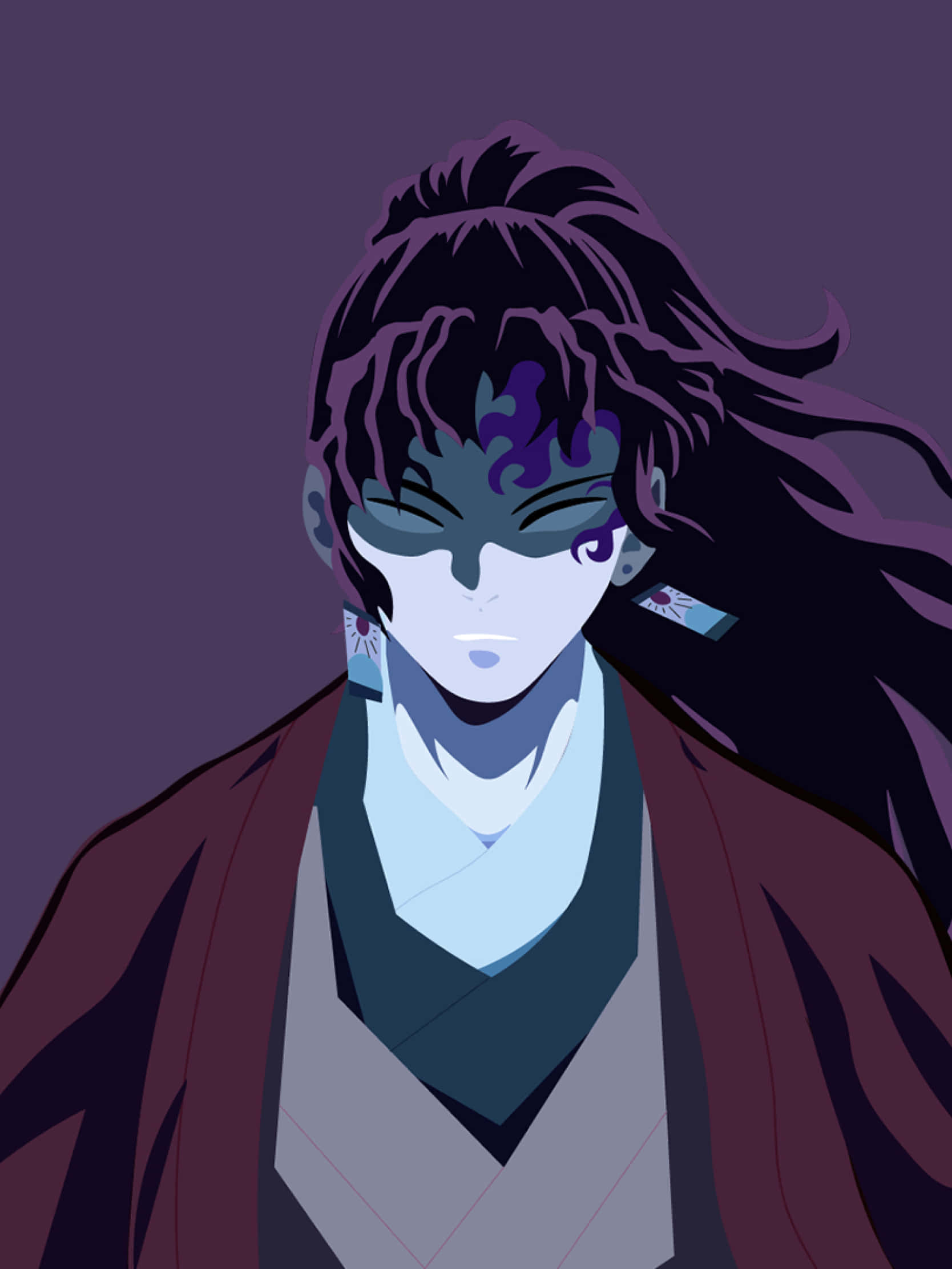 吉原一志以雙劍釋放熾熱火焰 壁紙 — 一個風格化的動漫角色，深色頭髮和紫色標記，在深紫色背景前凝視前方。