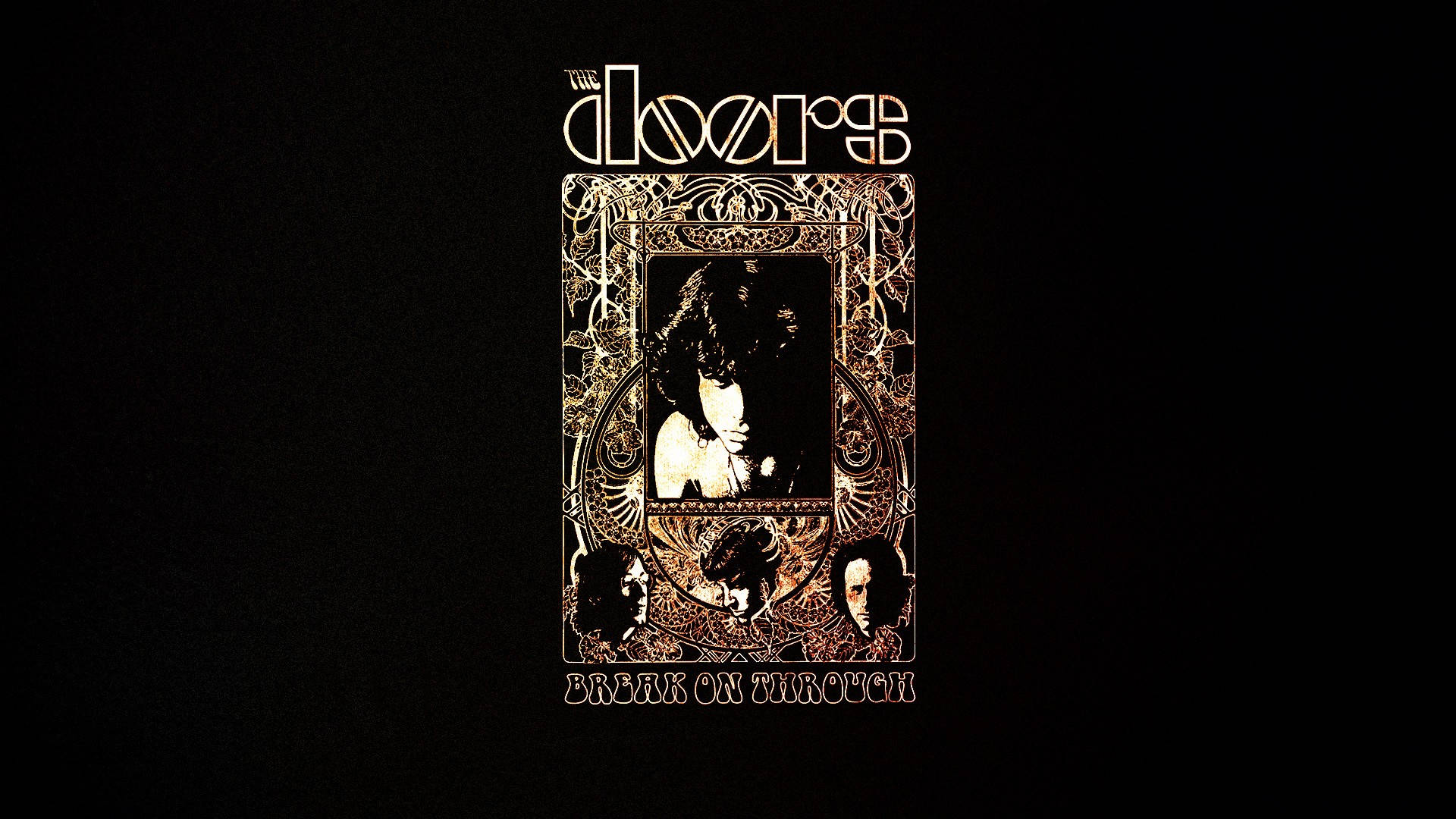 吉姆·莫里森《Break On Through》專輯封面 壁紙 — The Doors《Break On Through》的復古迷幻專輯藝術，以華麗的金色鏤空框架在黑色背景上框住樂隊肖像。