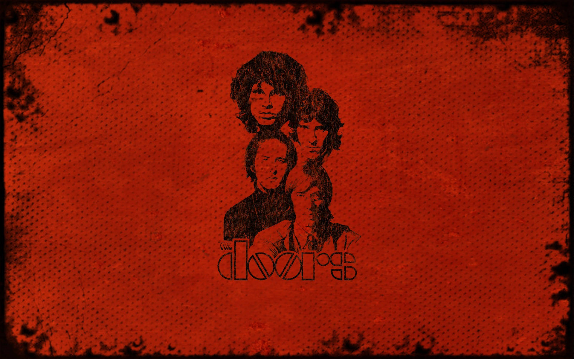 吉姆·莫里森紅色金屬壁紙 壁紙 — The Doors 樂隊的四位成員以剪影形式呈現，背景為帶有紋理的火焰紅色，邊緣呈破損效果。