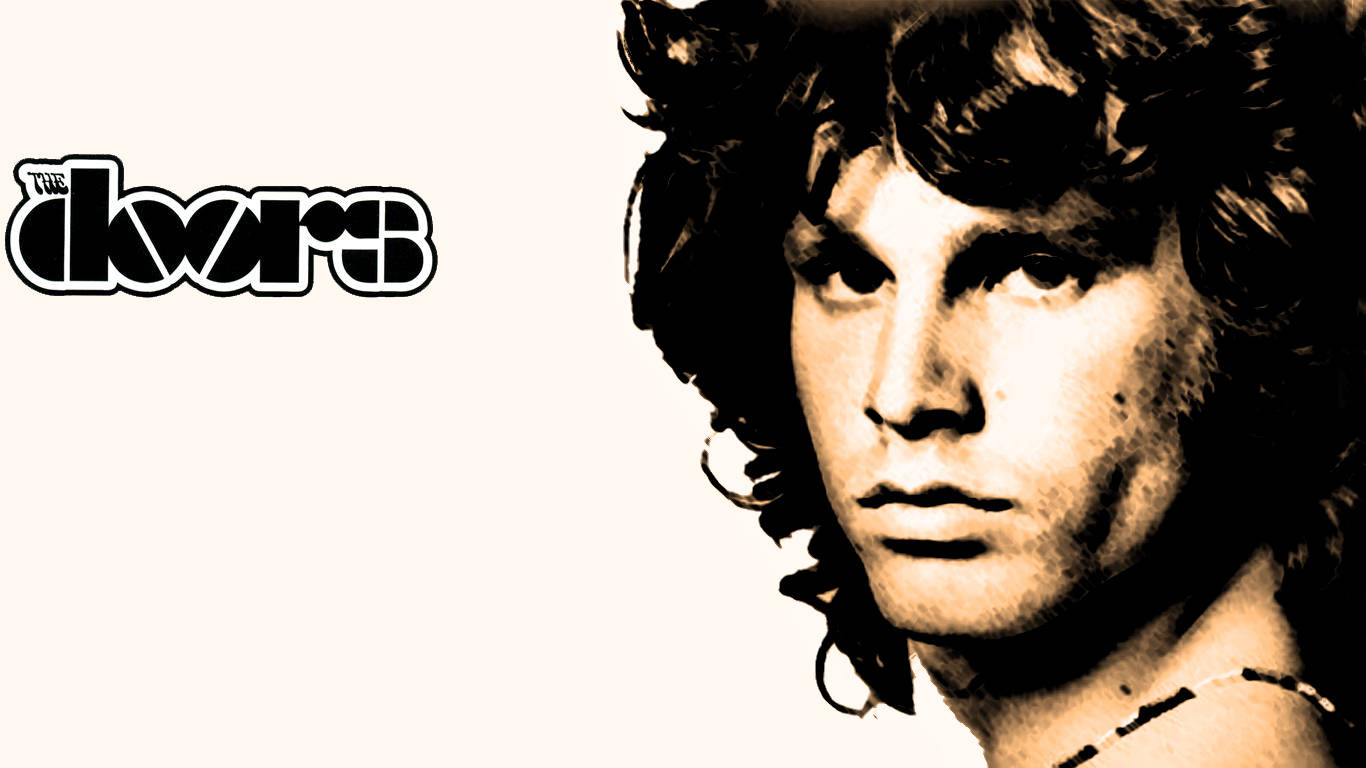 吉姆·莫里森與The Doors 壁紙 — 占摩利臣近距離肖像，曲髮及銳利眼神，米色背景配The Doors標誌。