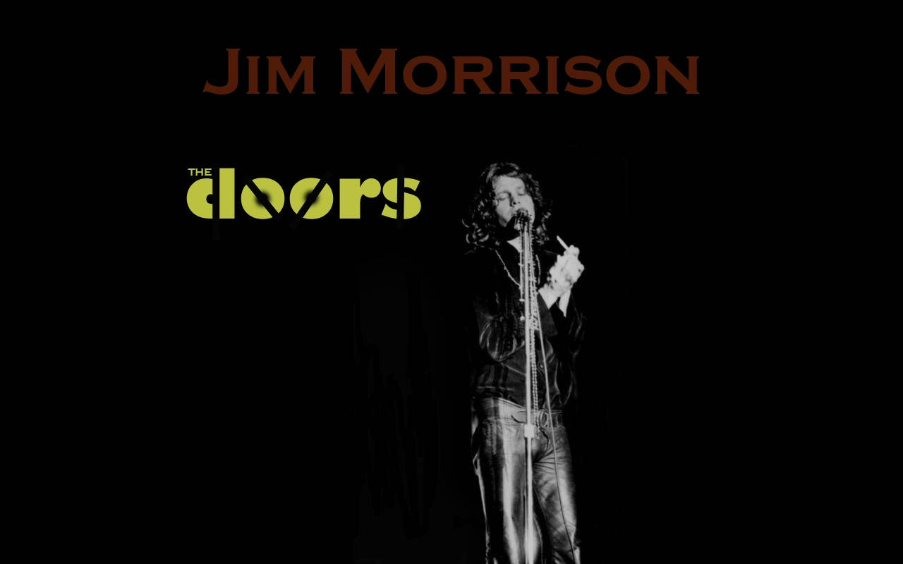 吉姆·莫里森與The Doors樂隊名稱 壁紙 — The Doors 的 Jim Morrison 在黑色背景上以粗體黃色文字顯示樂隊名稱，黑白風格中手持香煙在舞台上表演。
