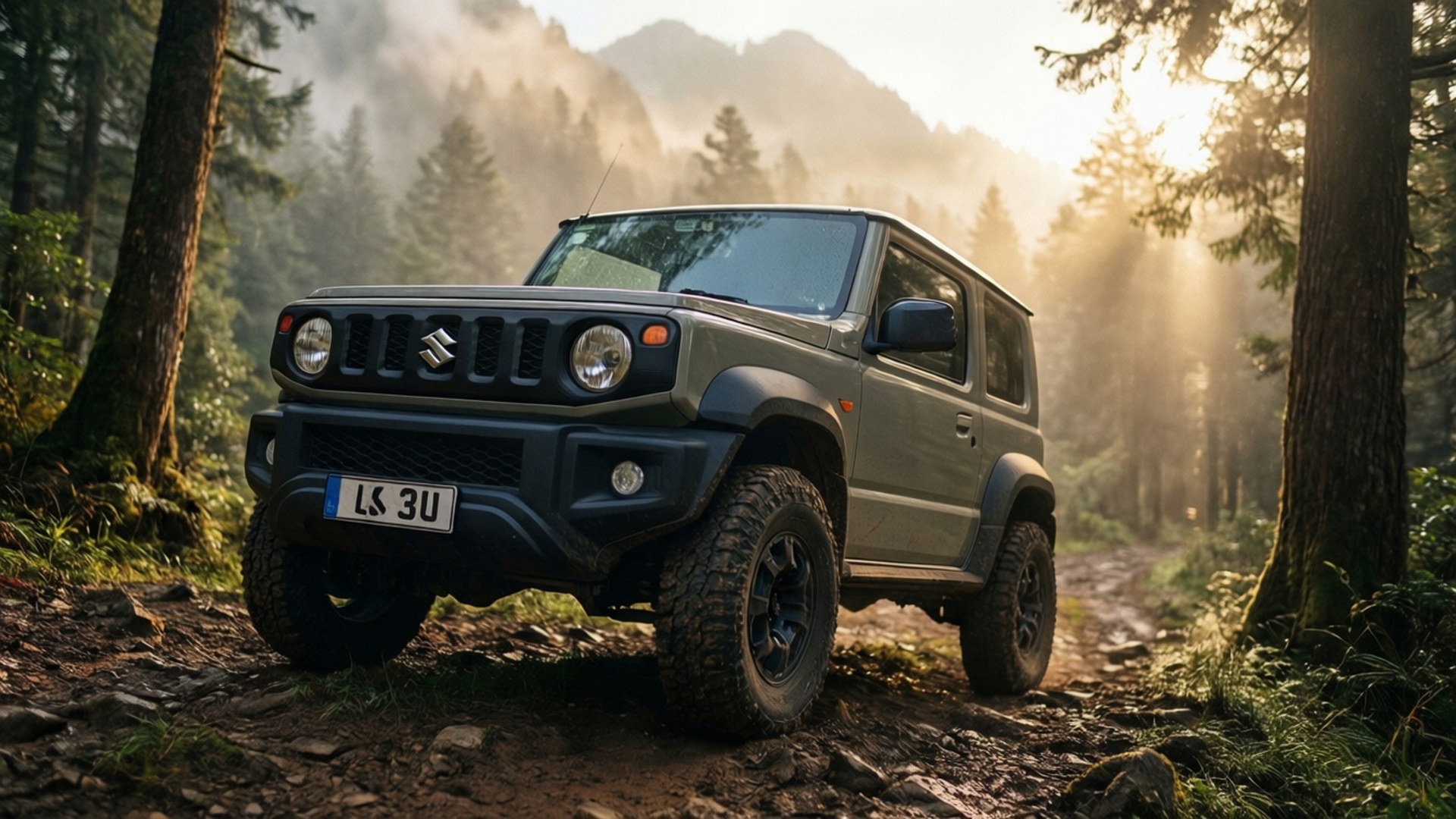 日落時分，綠色鈴木 Jimny 在森林小徑上行駛。