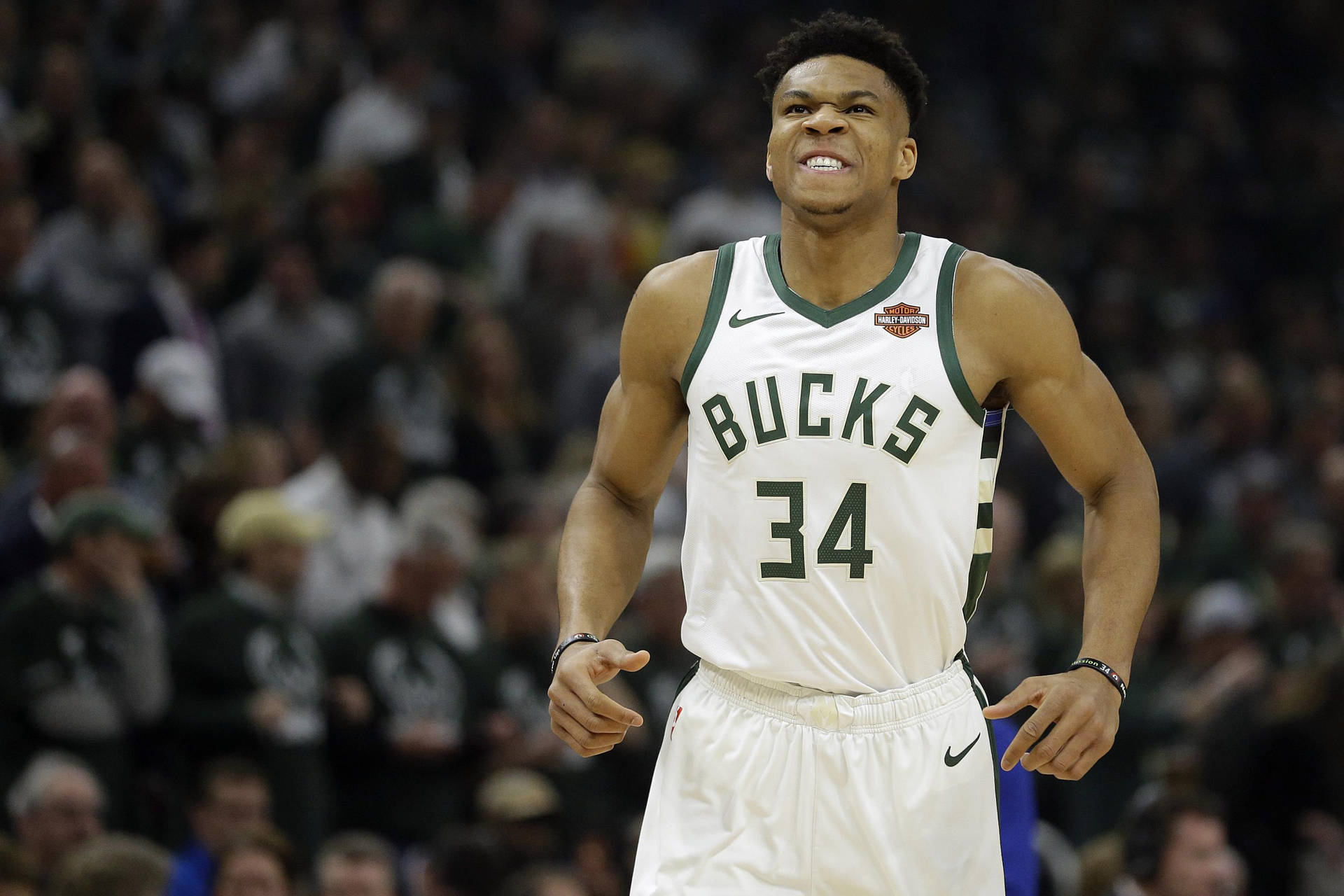 Giannis Antetokounmpo 在籃球比賽中身穿密爾沃基公鹿隊球衣慶祝。