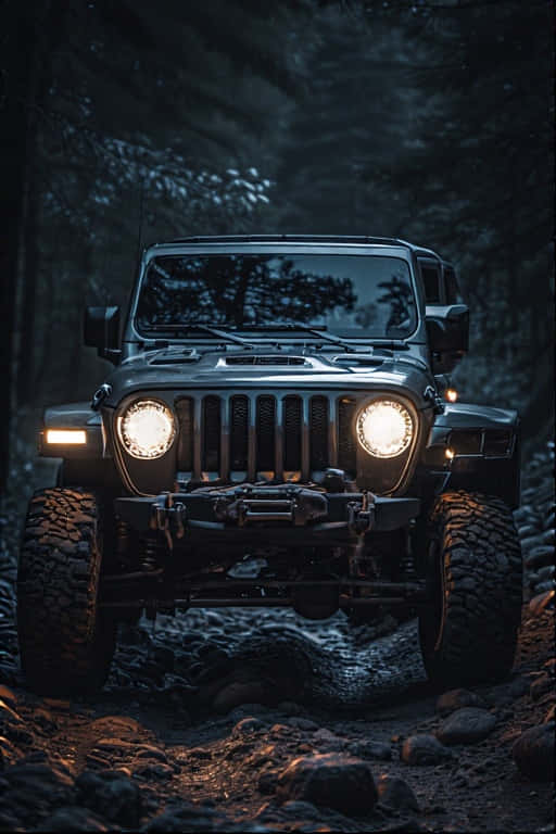 吉普角鬥士在夜間用頭燈照亮崎嶇小徑 壁紙 — 一輛堅固的黑色Jeep Wrangler，車頭燈閃爍，在夜間沿著岩石森林小徑向前行駛。