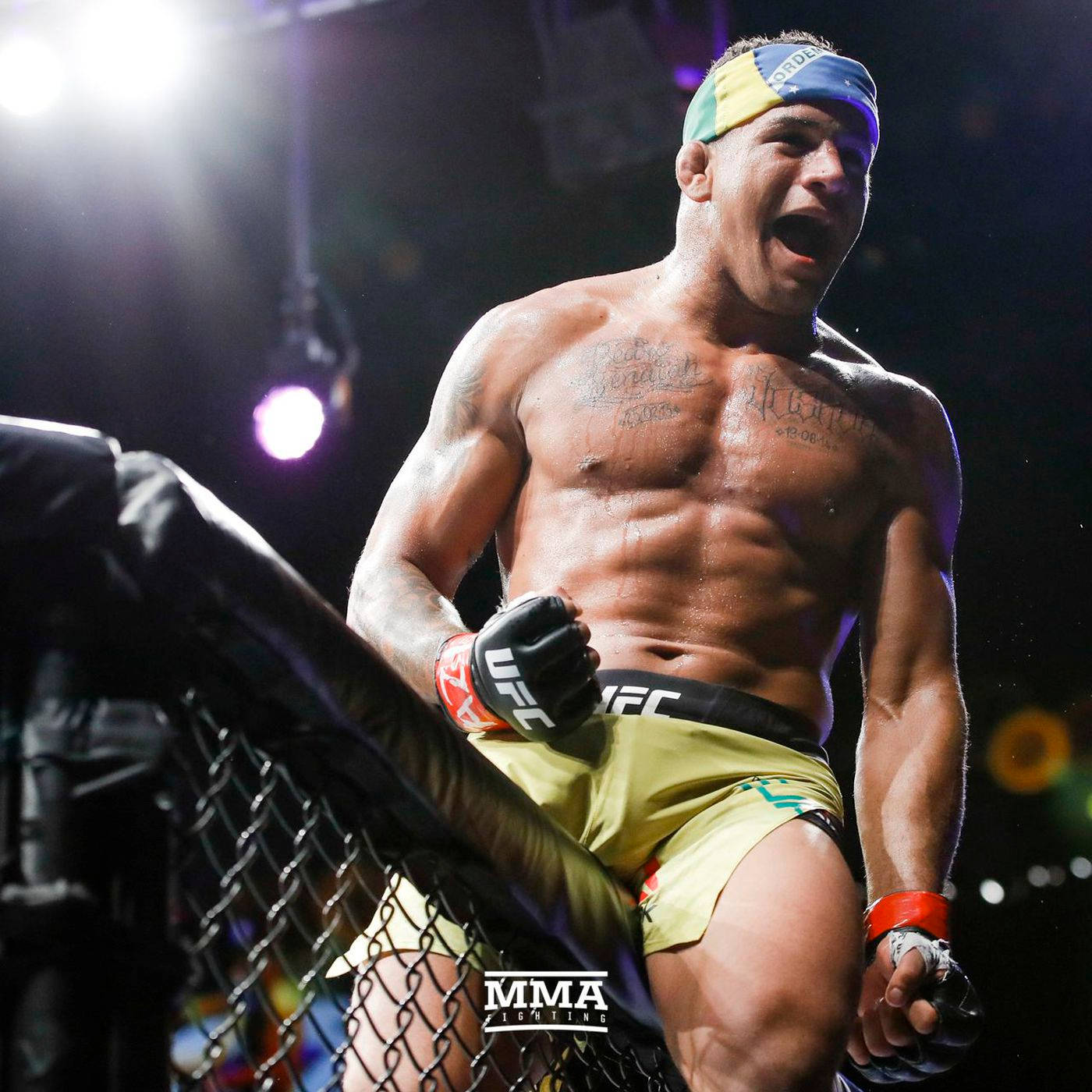 吉爾伯特·伯恩斯在UFC八角籠內慶祝勝利 壁紙 — 一位勝利的MMA拳手在明亮的場館燈光下於八角籠內咆哮歡呼。