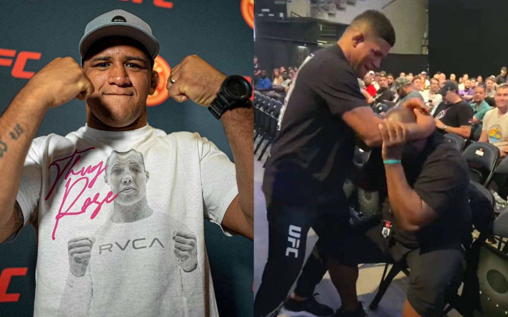 吉爾伯特·伯恩斯與UFC隊醫布拉德·泰特 壁紙 — UFC拳手自信地穿著品牌裝備擺姿勢，而另一名拳手在擁擠的場館中被粉絲擁抱。