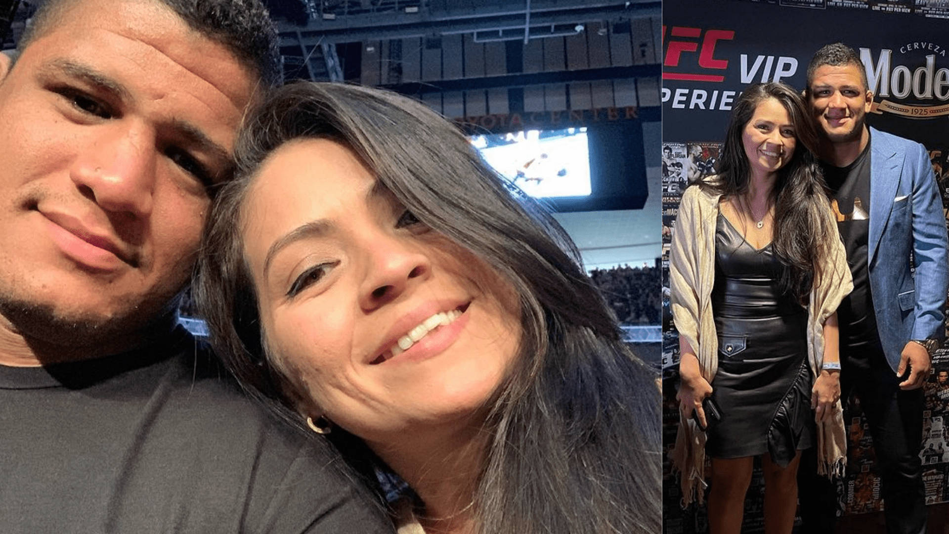 吉爾伯特·伯恩斯與妻子布魯娜·伯恩斯 壁紙 — 一對微笑的情侶在UFC活動中自拍，一個在場館內，另一個在VIP區域。
