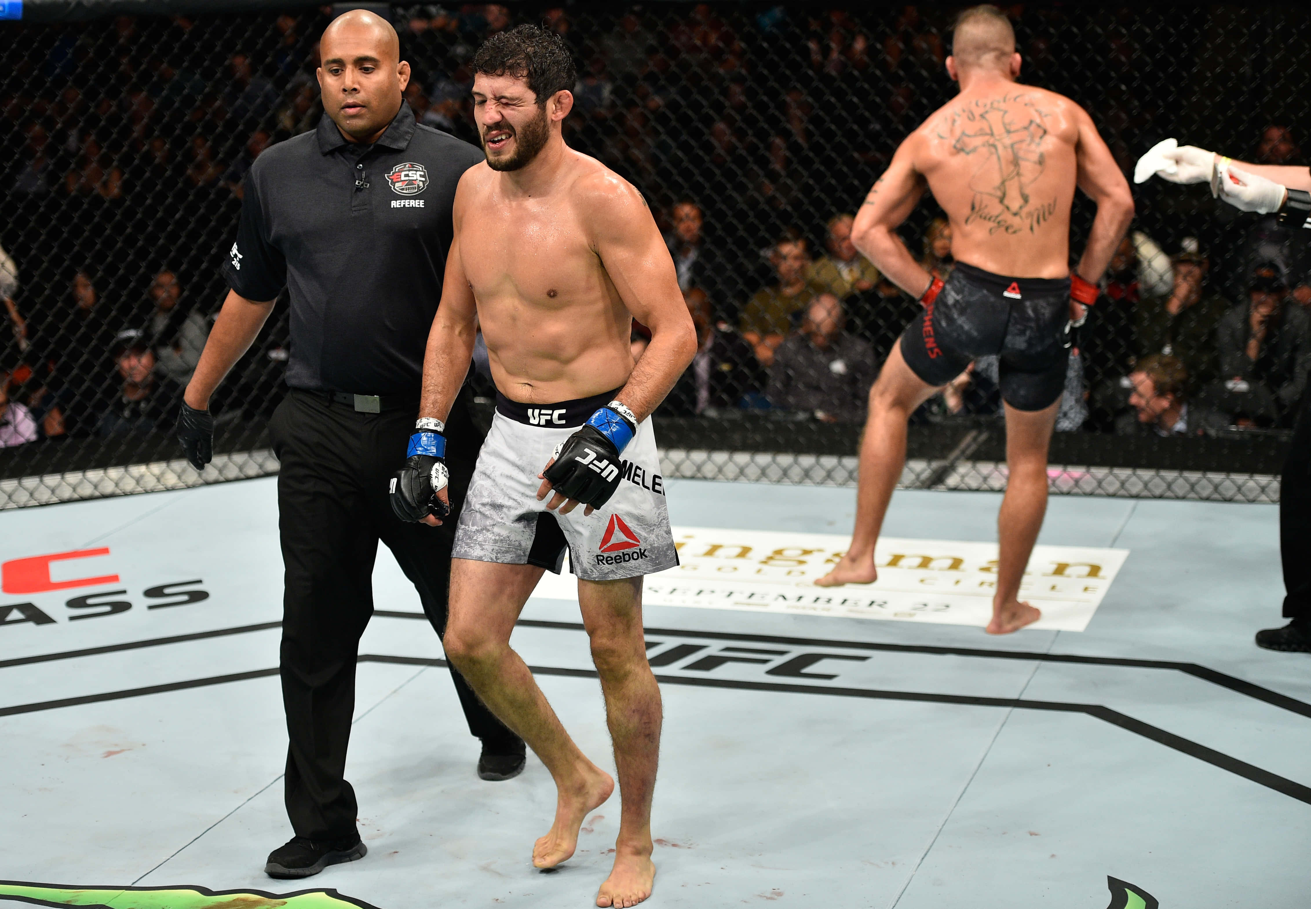 吉爾伯特·梅倫德斯於UFC 215賽事中左腿受傷被護送離場 壁紙 — 一位勝利的綜合格鬥家在八角籠中慶祝，裁判走近，對手走開。