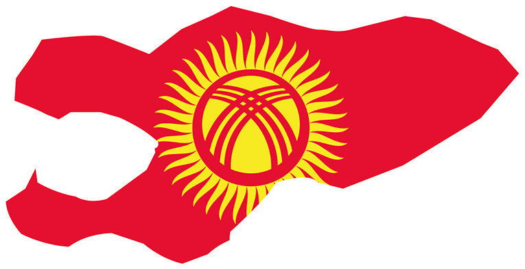 吉爾吉斯共和國國旗地圖 壁紙 — 一張大膽的紅色吉爾吉斯地圖，白色輪廓，中央有一個黃色太陽標誌，帶有風格化的氈房設計。