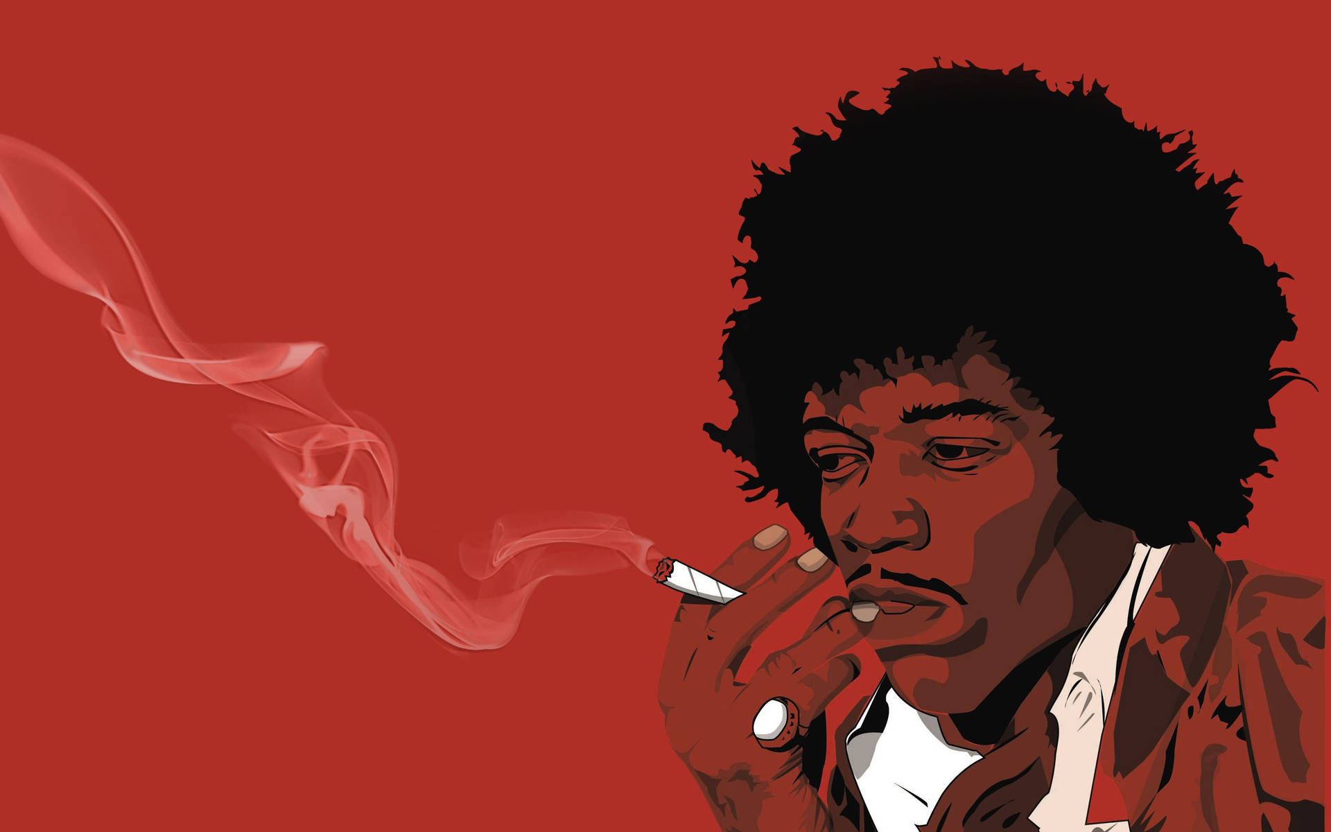 留著爆炸頭的男人在紅色背景上抽煙