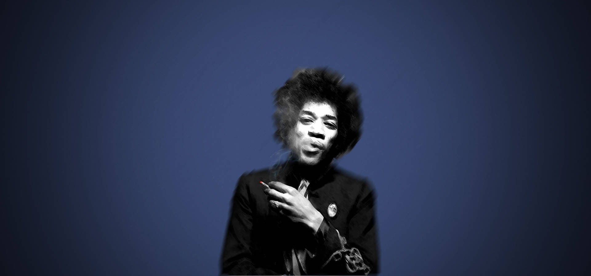Jimi Hendrix 在藍色背景的攝影棚肖像中抽煙。