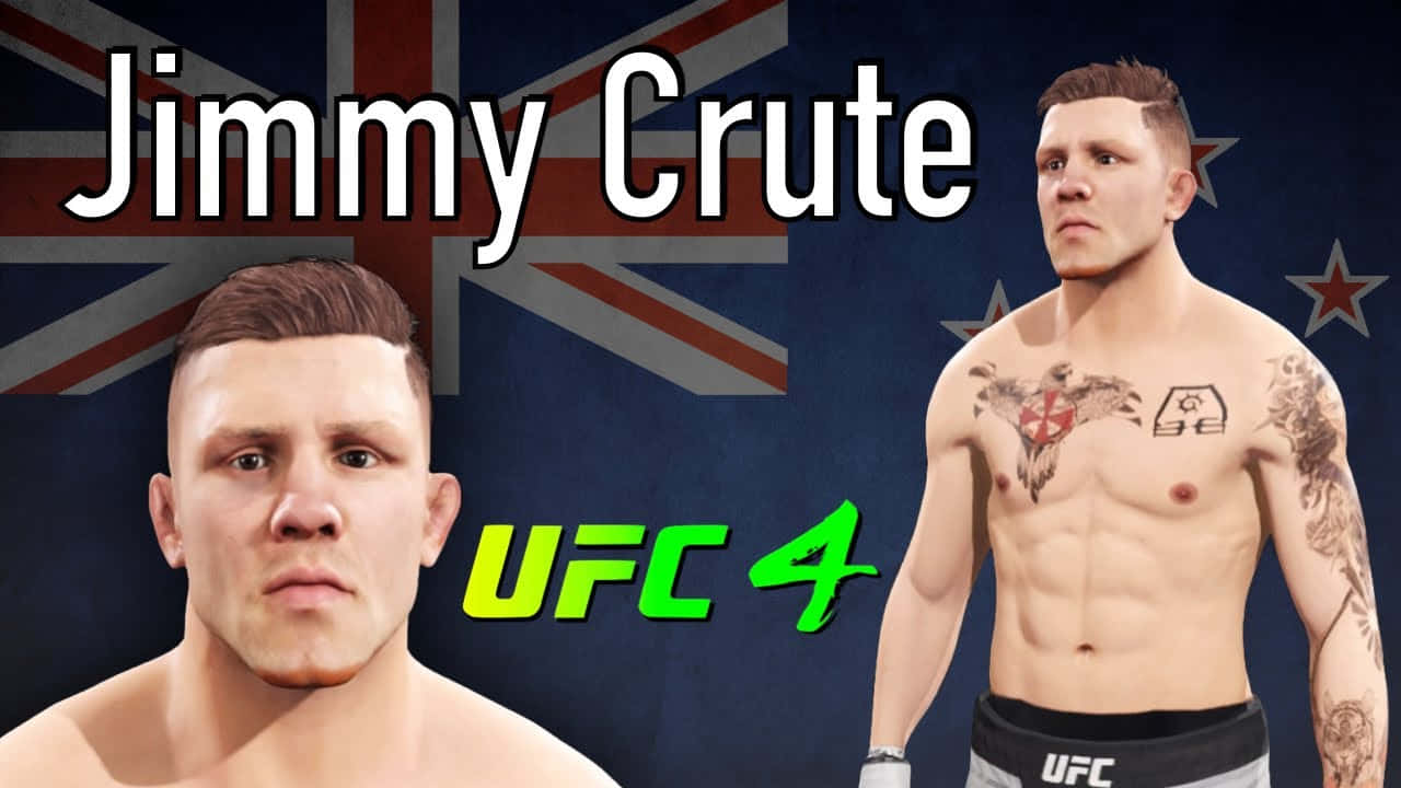 吉米·克魯特3D模型桌面壁紙 壁紙 — UFC拳手Jimmy Crute的數碼肖像，背景為英國國旗，並顯示遊戲名稱UFC 4。
