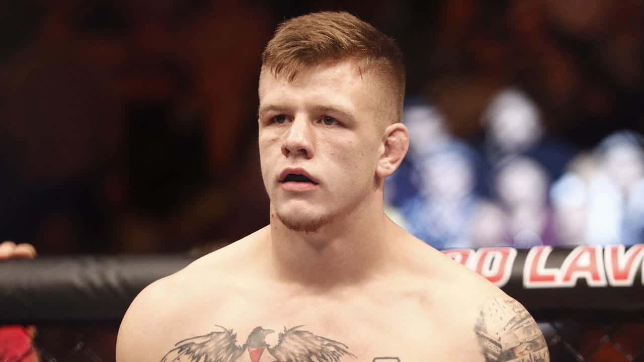 一位有紋身的男性MMA拳手在八角籠中比賽。