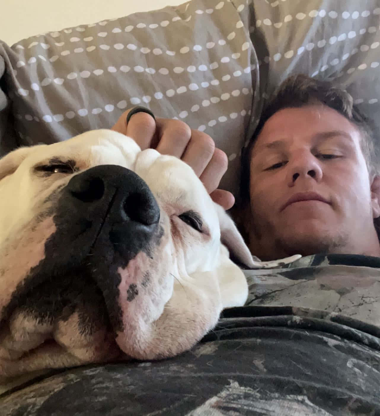 男子和鬥牛犬在有圖案枕頭的沙發上一起睡覺。