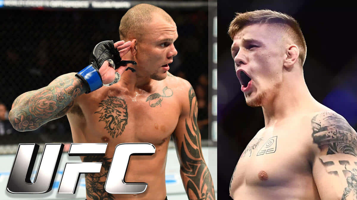 兩名紋身男性MMA拳手在UFC八角籠中進行激烈比賽。