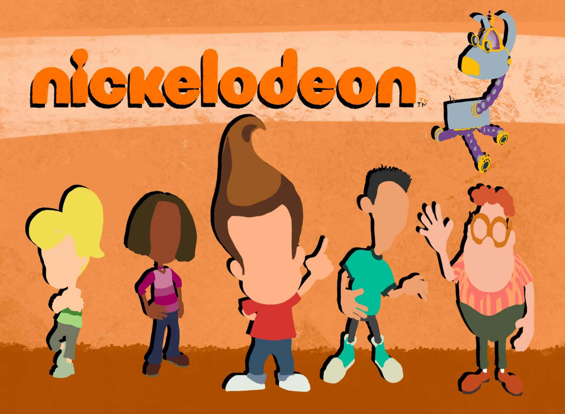 Nickelodeon標誌下的五個卡通小孩和一隻機械長頸鹿。