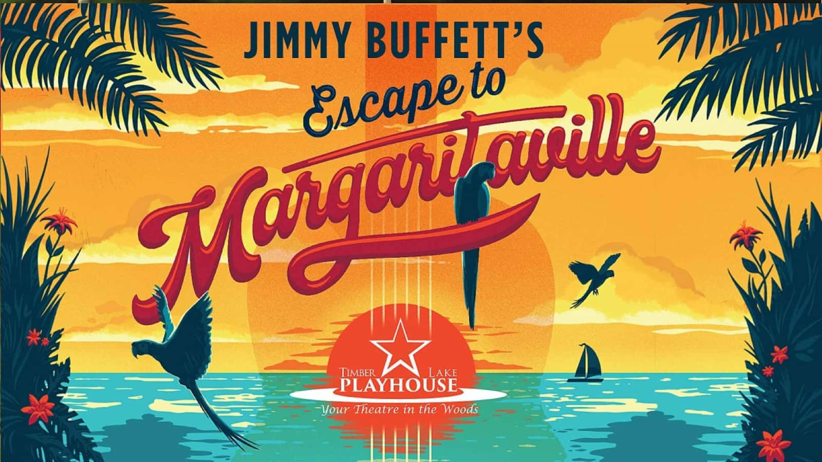 熱帶日落場景，有棕櫚樹、鸚鵡和帆船，宣傳 Jimmy Buffett 的 Margaritaville 表演。
