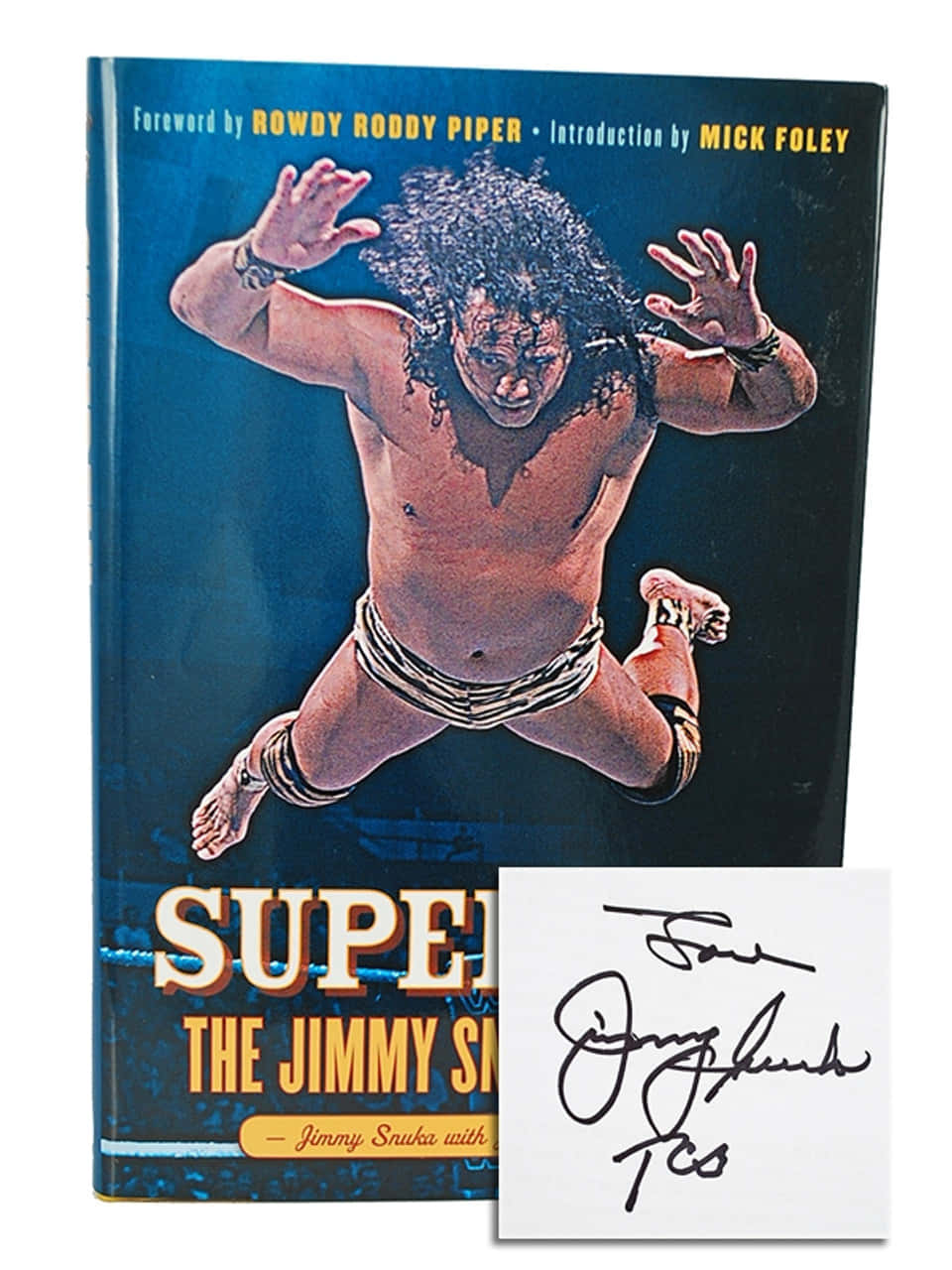 Jimmy Snuka 的《Super》簽名書籍封面，摔角手在半空中。