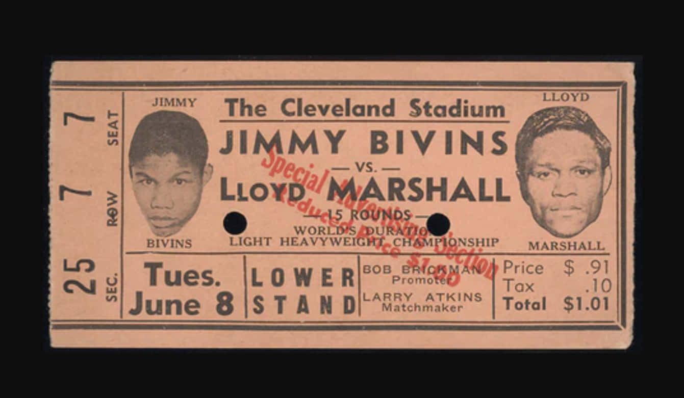 克利夫蘭體育場舉行的Jimmy Bivins對Lloyd Marshall的復古拳擊比賽門票。