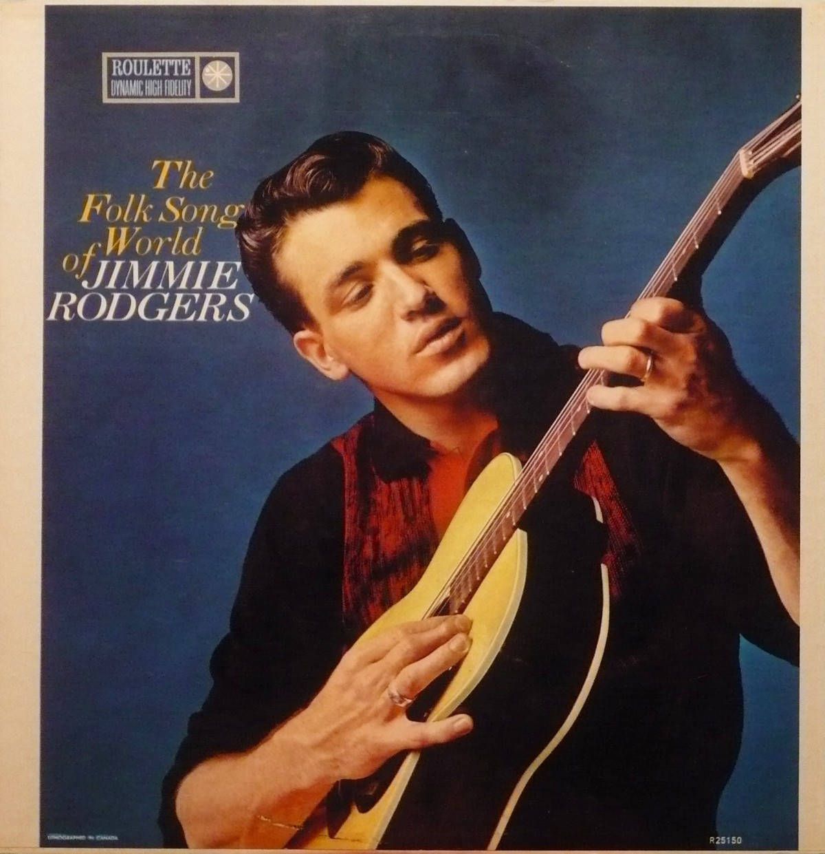吉米·羅傑斯的民謠世界專輯海報 壁紙 — 一張復古專輯封面肖像，Jimmie Rodgers 在深藍色攝影棚背景前手持曼陀林。