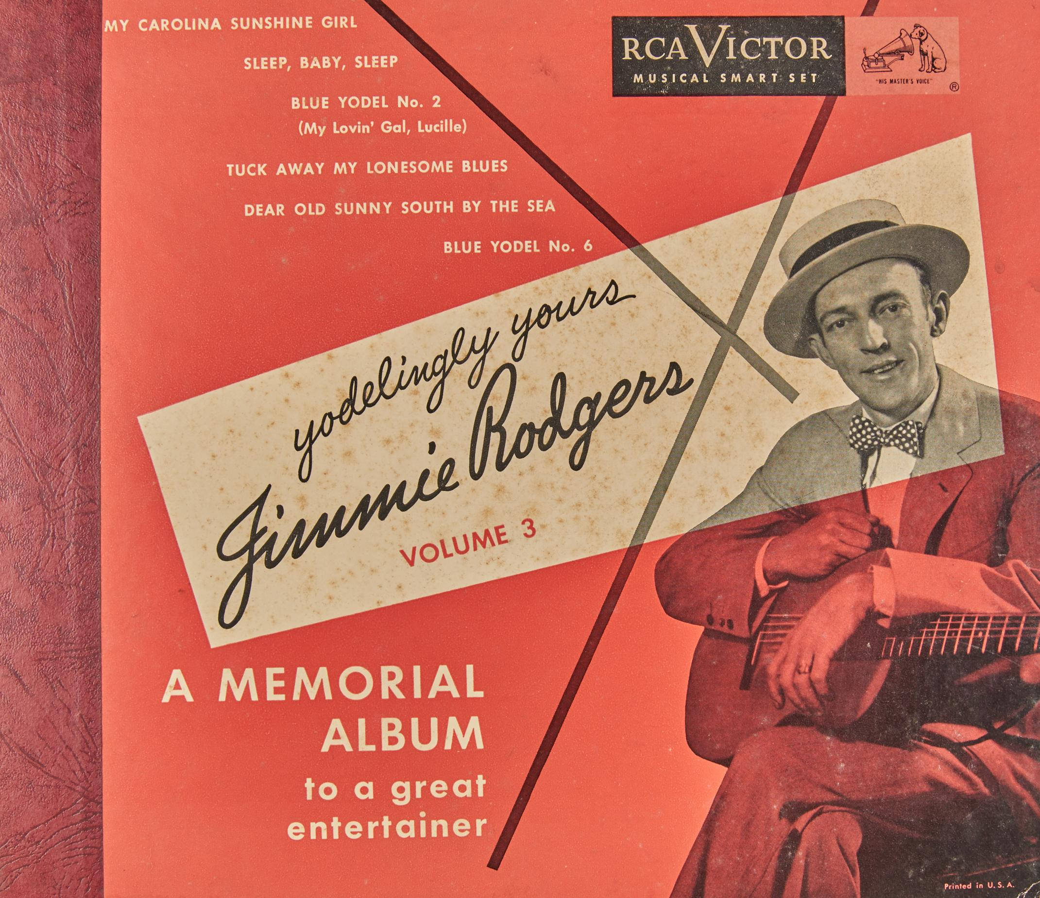 吉米·羅傑斯紀念專輯海報 壁紙 — 復古紅色專輯封面，Jimmie Rodgers 身穿西裝戴帽，手持結他，列出歌曲名稱。