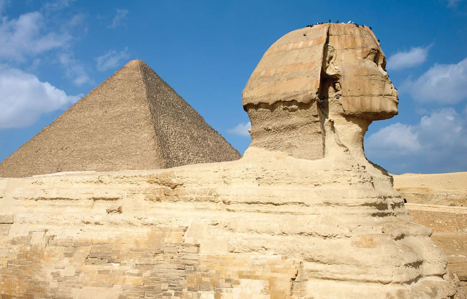Ancient Egypt 桌布 壁紙 — 吉薩大獅身人面像在明亮的藍天白雲下，雄偉地矗立在卡夫拉金字塔旁。