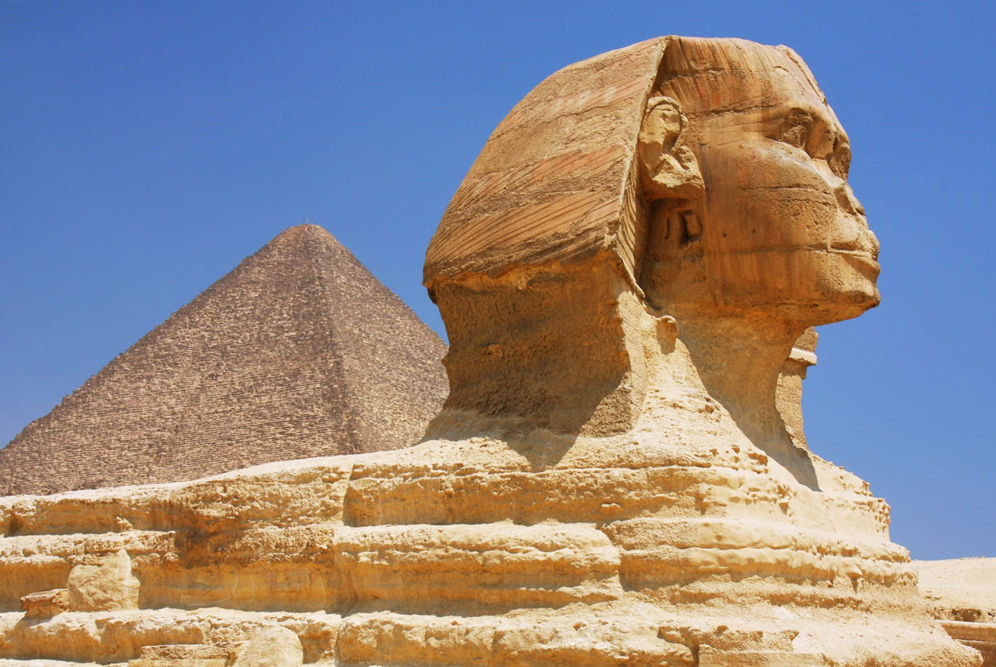 Egypt 桌布 壁紙 — 吉薩大獅身人面像在清澈藍天下雄偉地矗立，背後是卡夫拉金字塔。