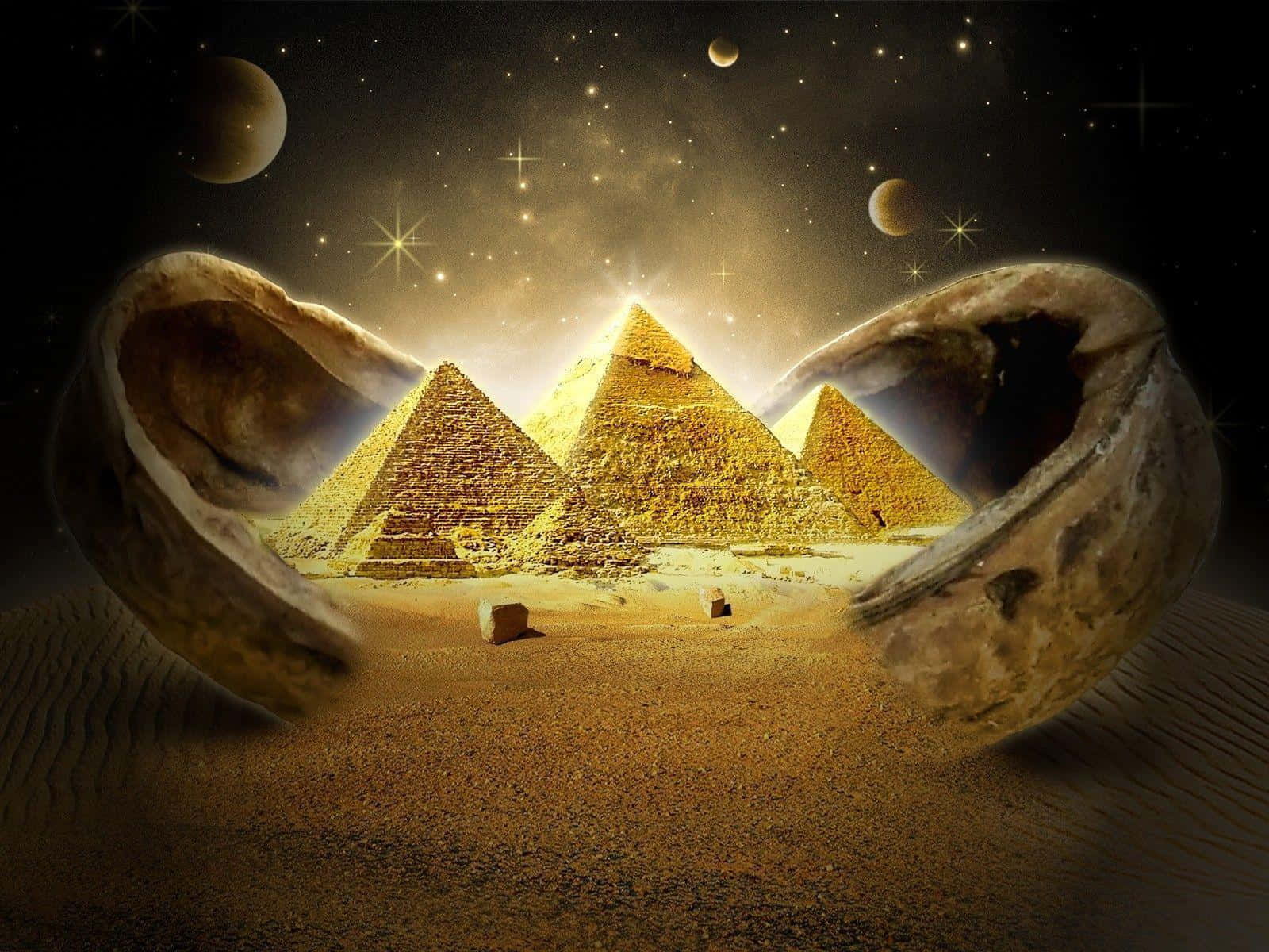 金色金字塔被巨大的核桃殼框住，背景是星空宇宙。