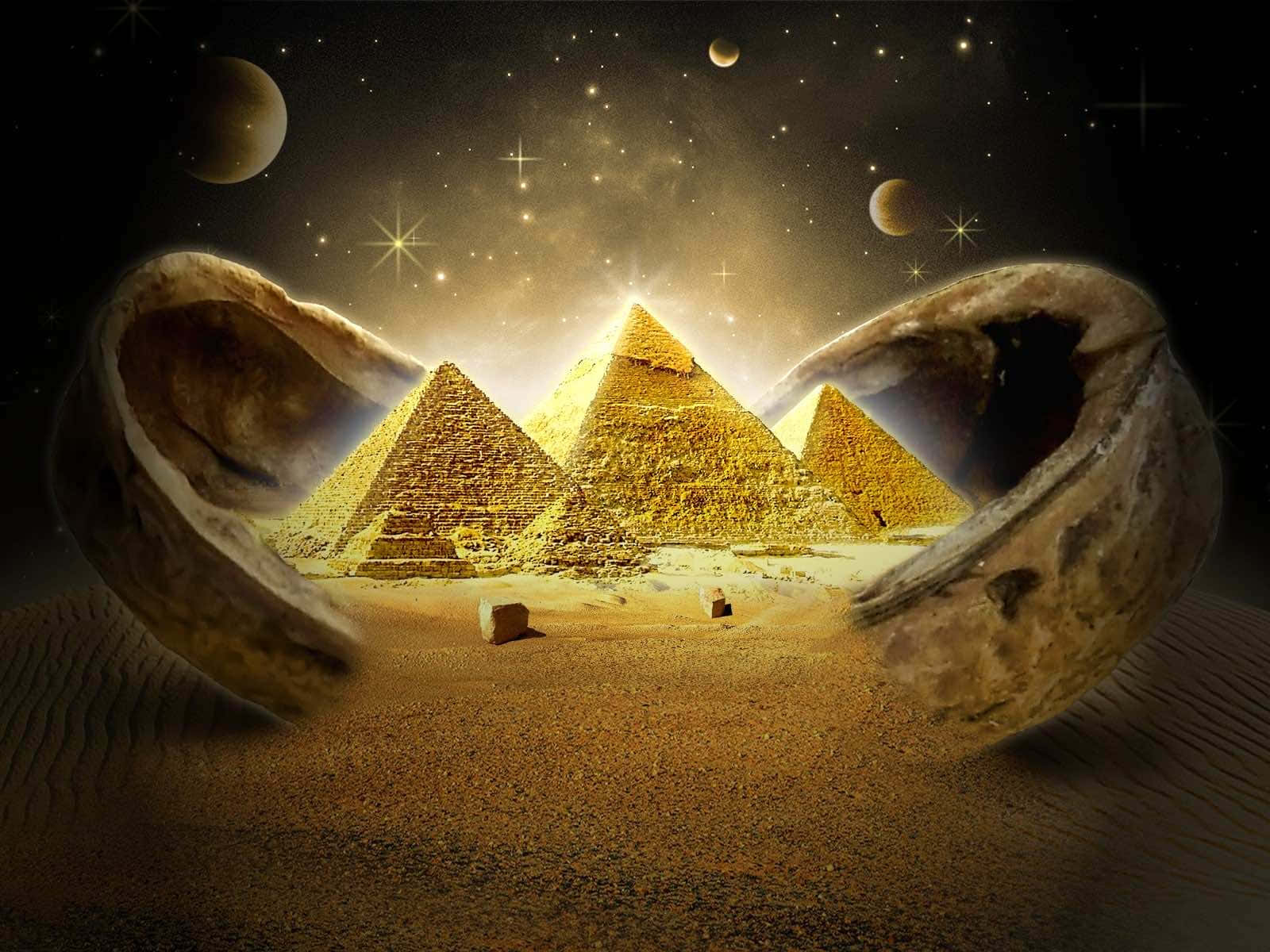 吉薩金字塔奇幻藝術 壁紙 — 金色金字塔在星空下閃耀，被沙質沙漠地面上巨大的裂開核桃殼框住。