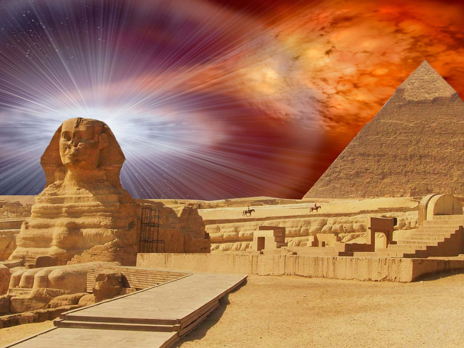 吉薩金字塔數位藝術 壁紙 — 在宇宙射線和熾熱星雲下的獅身人面像和金字塔，呈現超現實沙漠場景。