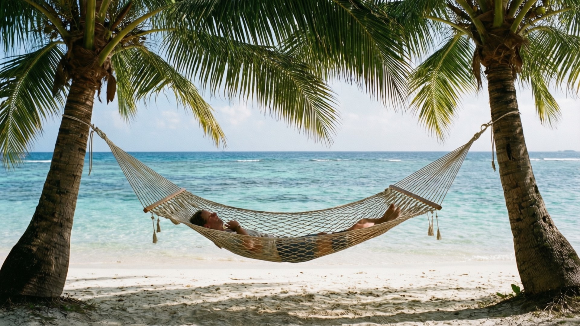 人在熱帶海灘的棕櫚樹間吊床上休息，欣賞海景。