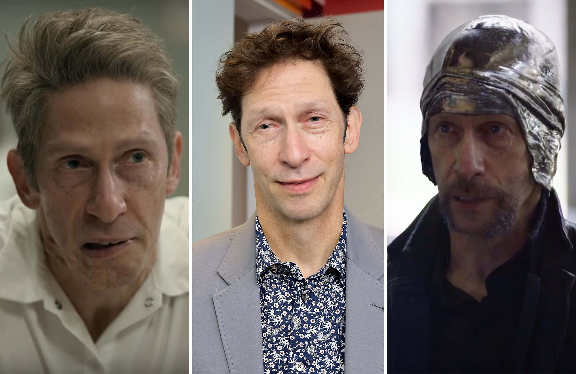Tim Blake Nelson 桌布 壁紙 — 同一個男人的三個對比肖像：穿著白襯衫的疲憊、穿著花襯衫西裝的微笑、以及戴著錫紙頭盔的陰沉。