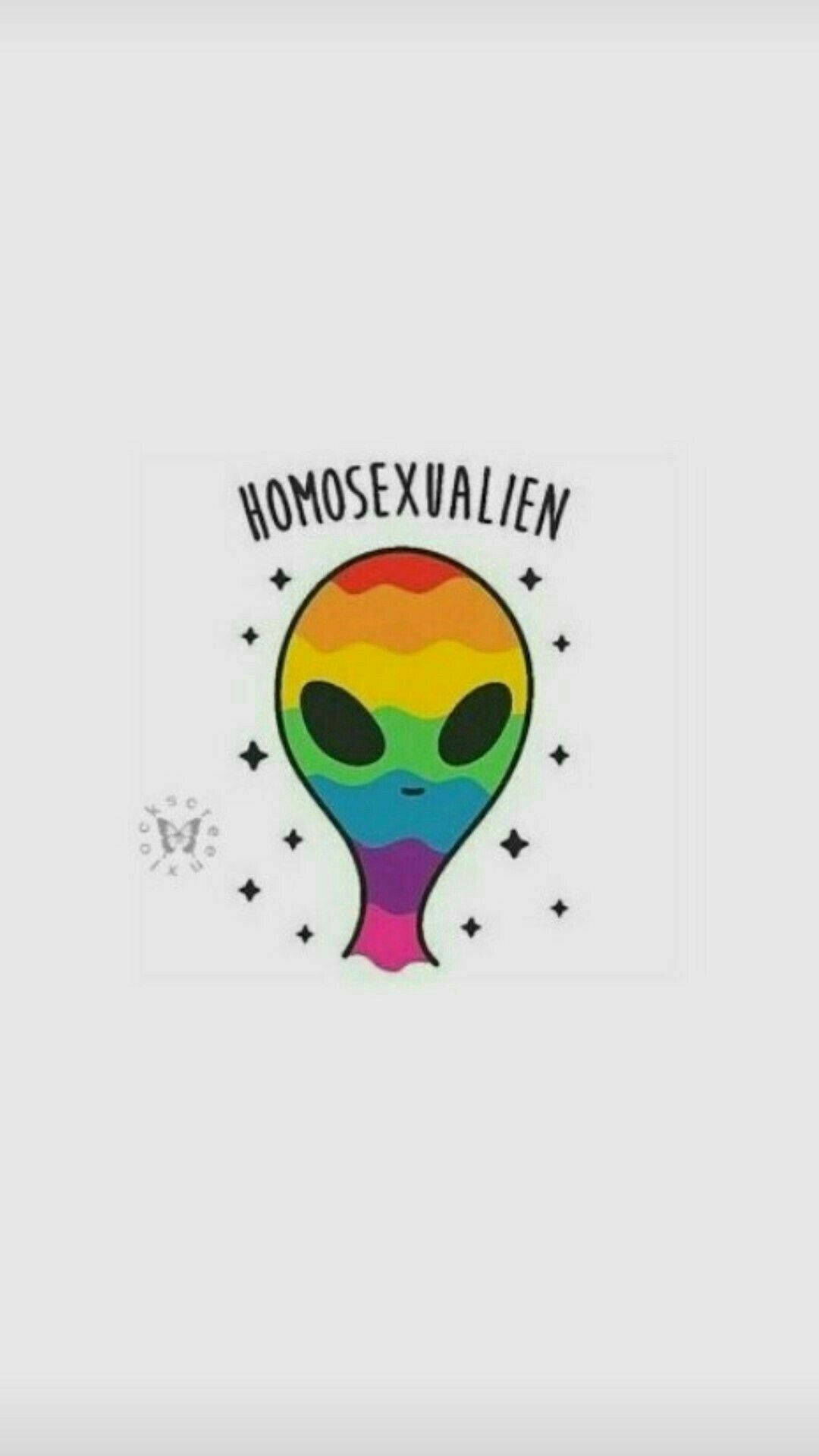 彩虹外星人，帶有「HOMOSEXUALIEN」文字和周圍的星星。