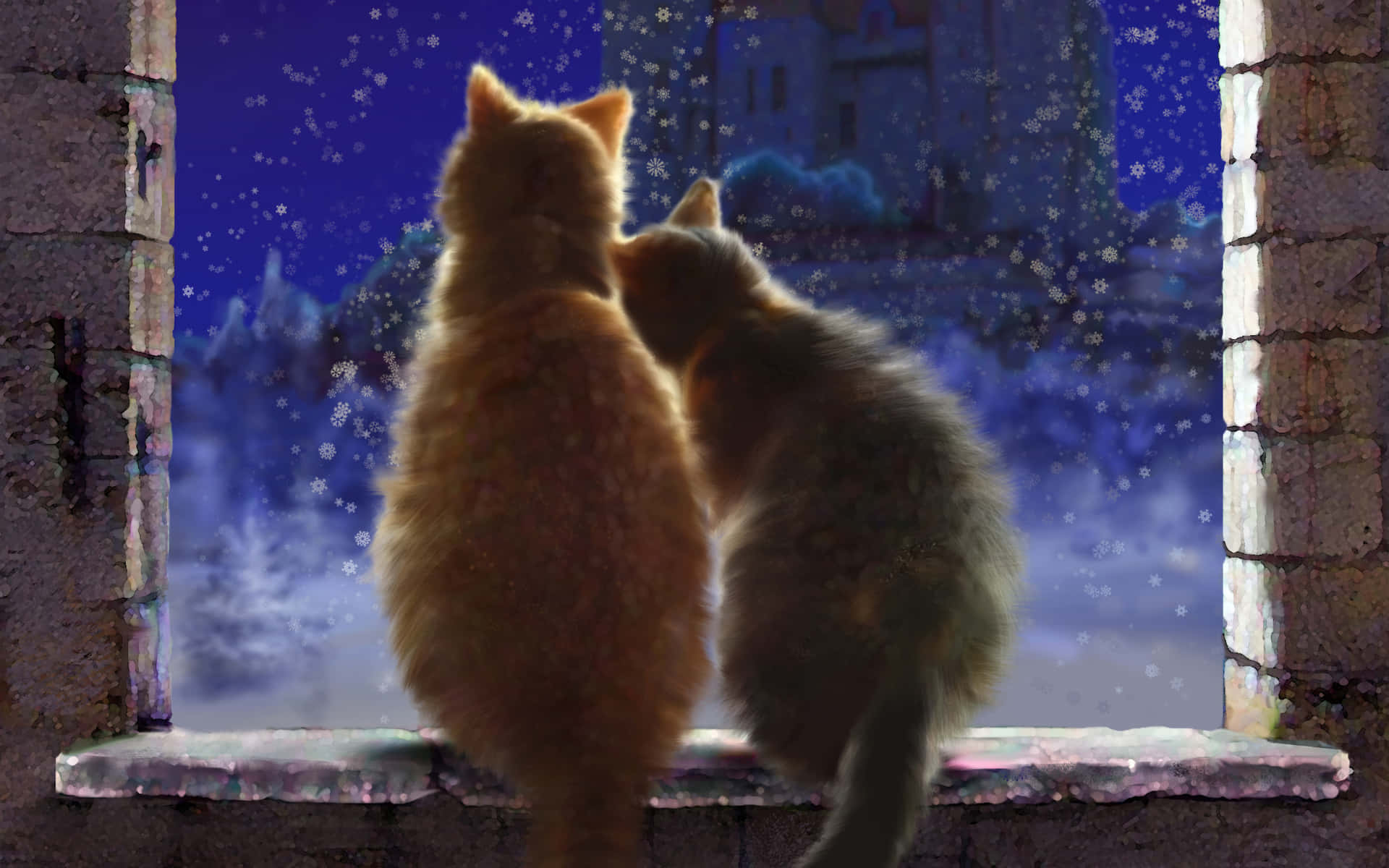 兩隻貓咪坐在石窗旁，看著夜晚雪花落在城堡上。