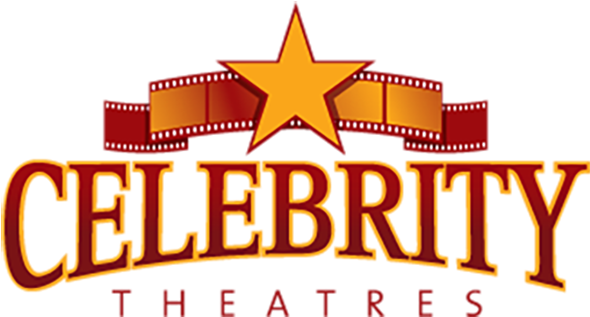 名人戲院標誌 壁紙 — 大膽的紅色和金色「Celebrity Theatres」標誌，帶有星星和菲林條橫幅，背景為黑色。