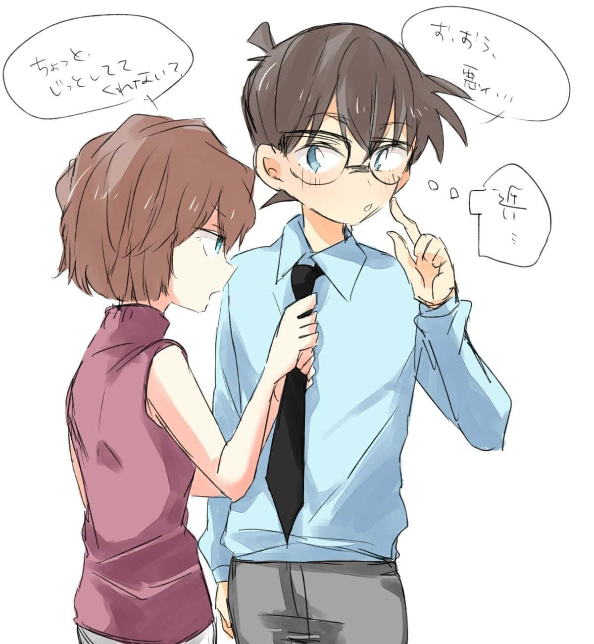 動漫女孩調整男孩的領帶，對話氣泡顯示頑皮的互動。
