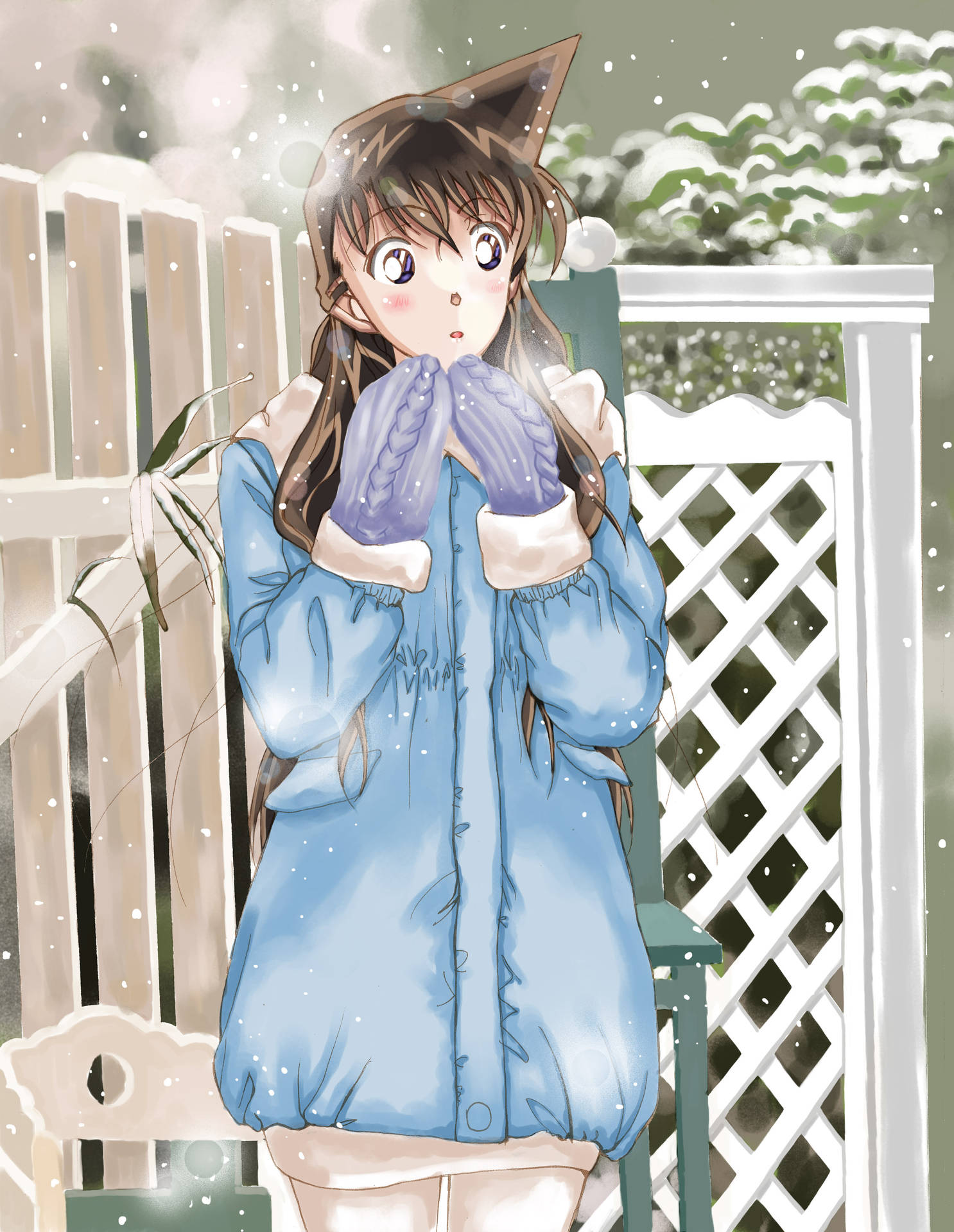穿著藍色冬季外套和紫色手套的動漫女孩對飄落的雪花感到驚訝。